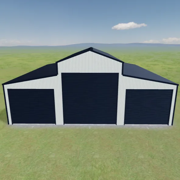 The classic American barn profile: a raised centre bay with a high roller door, flanked by two lower side bays. Height for the van or hoist in the middle, storage either side.