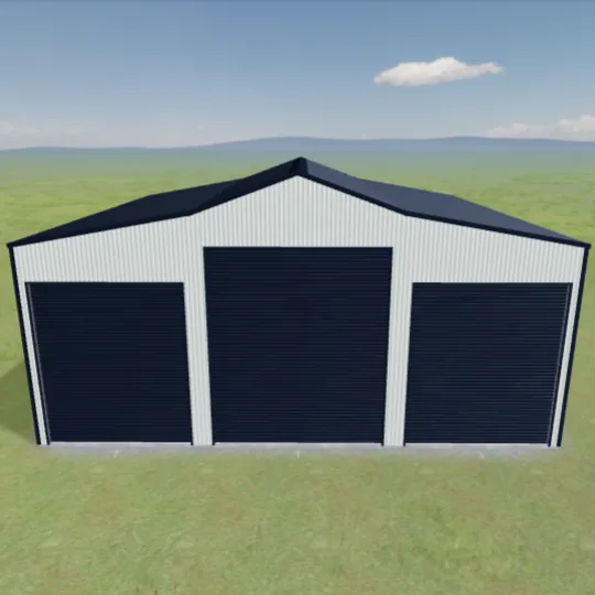 An Aussie barn under one continuous gable roofline — three roller doors across the front with a taller centre bay, and clean lines from every angle.