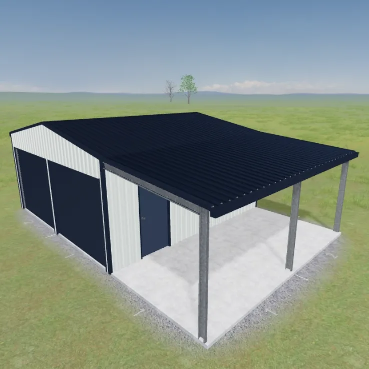 A high-clearance garage sized for the caravan, with a full-height roller door and PA door, plus an open awning down one side for the boat or trailer.
