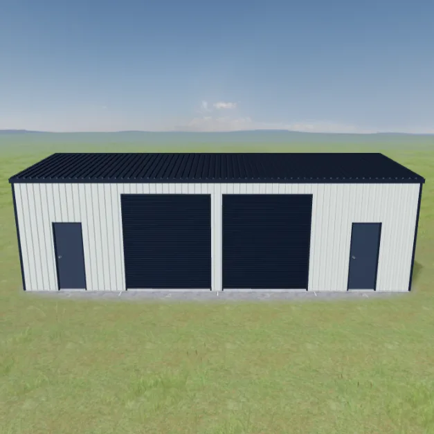 A commercial grade shed with two wide roller doors and separate personnel doors on the long side, suited to workshops, depots and light industrial use.