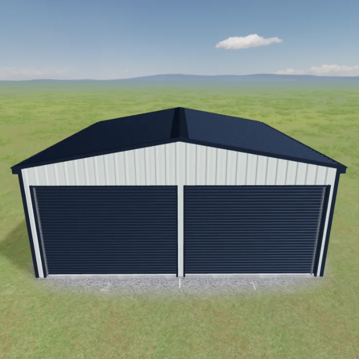 A classic gable double garage with two roller doors in the end wall — secure parking for two vehicles with room to spare for storage and shelving.
