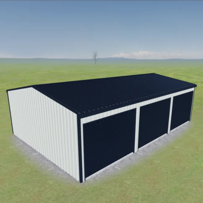 Three bays and three roller doors along the front — park the cars, the trailer and the mower with room left over. A straightforward gable design that suits most blocks.