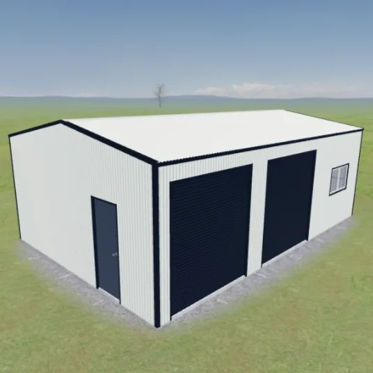 A practical workshop with two roller doors on the long side, a PA door and a window for natural light. Shown in Dover White® with Deep Ocean® doors.