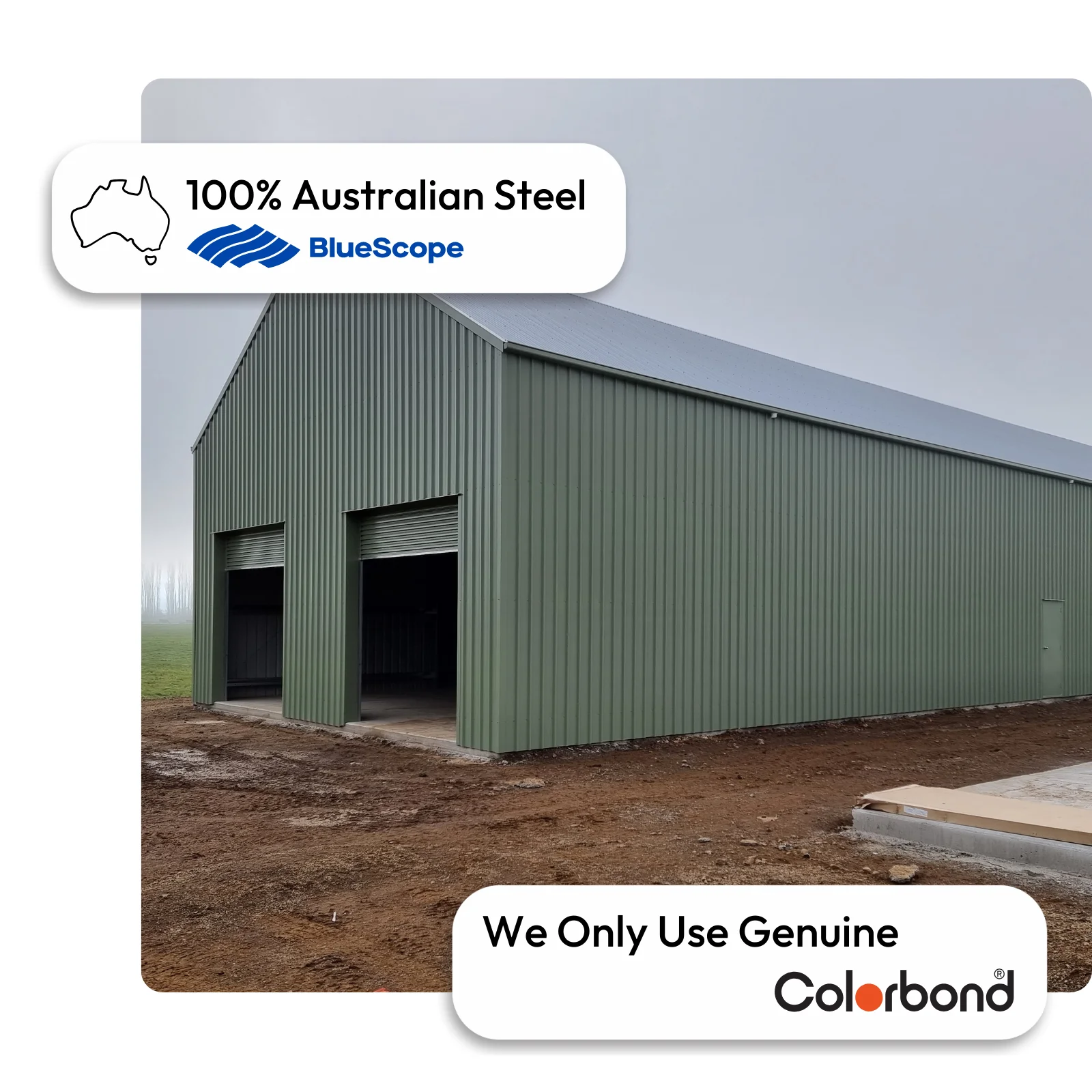 Australian-made 10x20 shed with gable roof, roller doors, and personal door featuring Pale Eucalypt® walls and Surfmist® roof