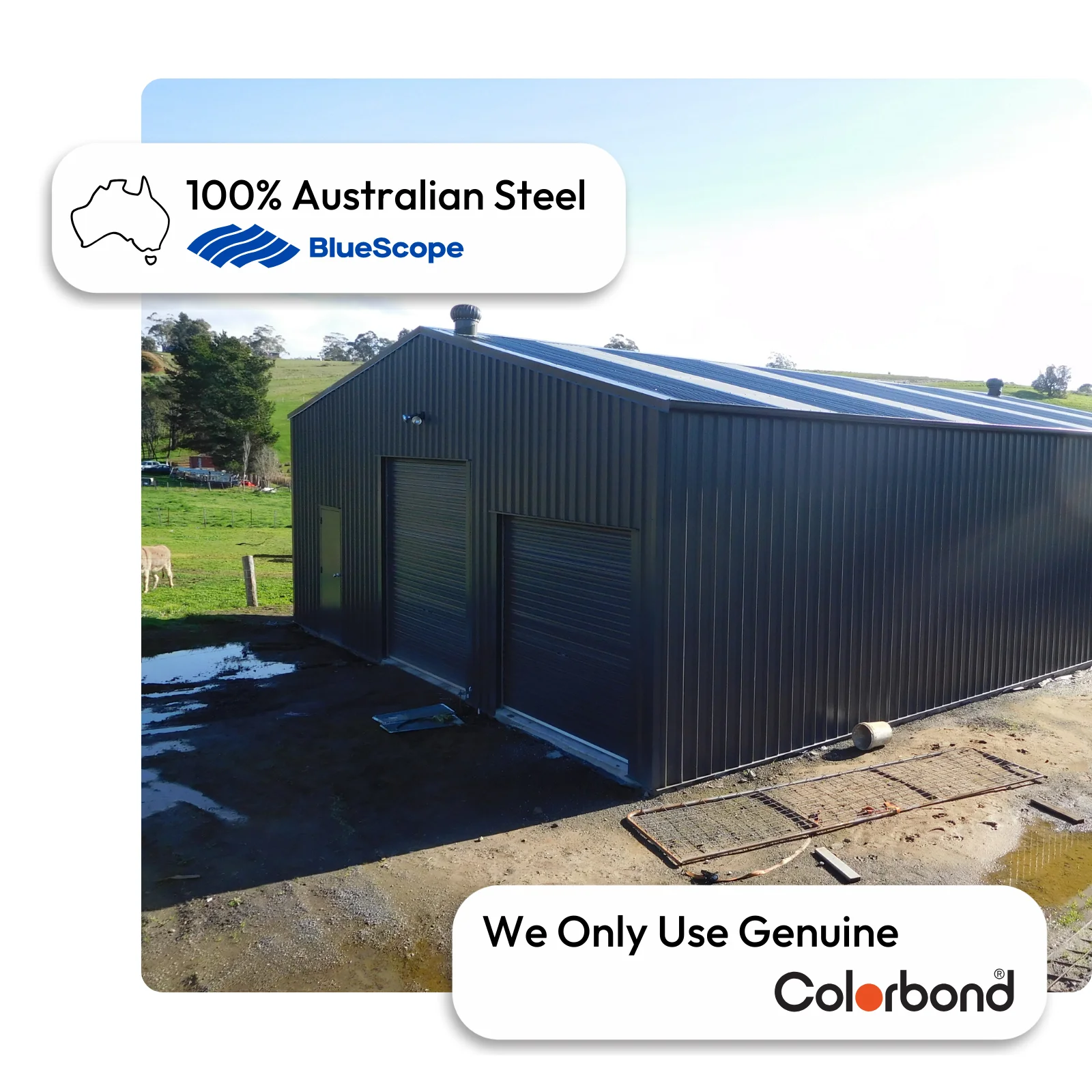 Australian-made 12x12 shed with two roller doors, personal access door, and gable roof featuring Monument® walls and roof