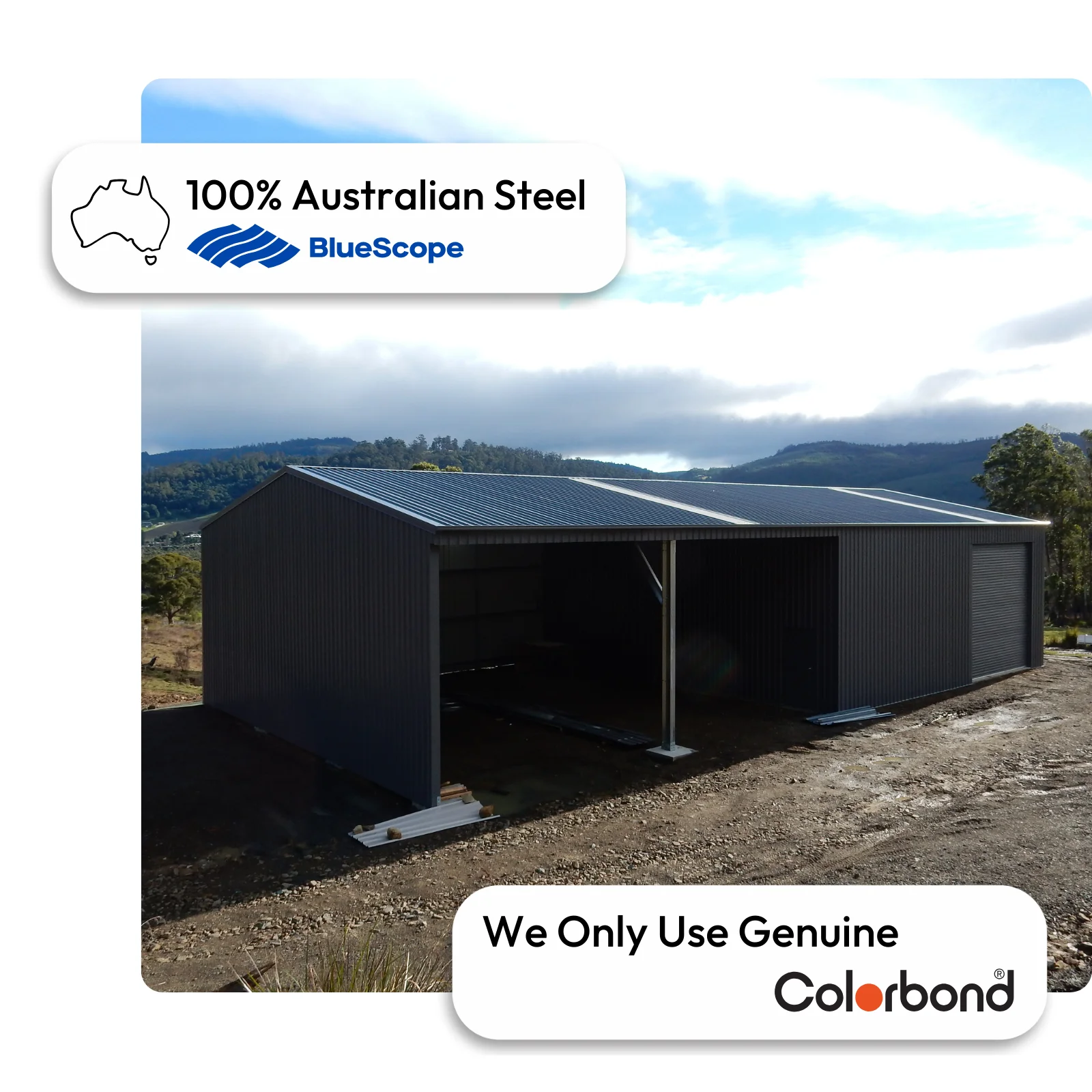 Australian-made 12x24 shed with open bay, roller door, and gable roof featuring Monument® walls and roof