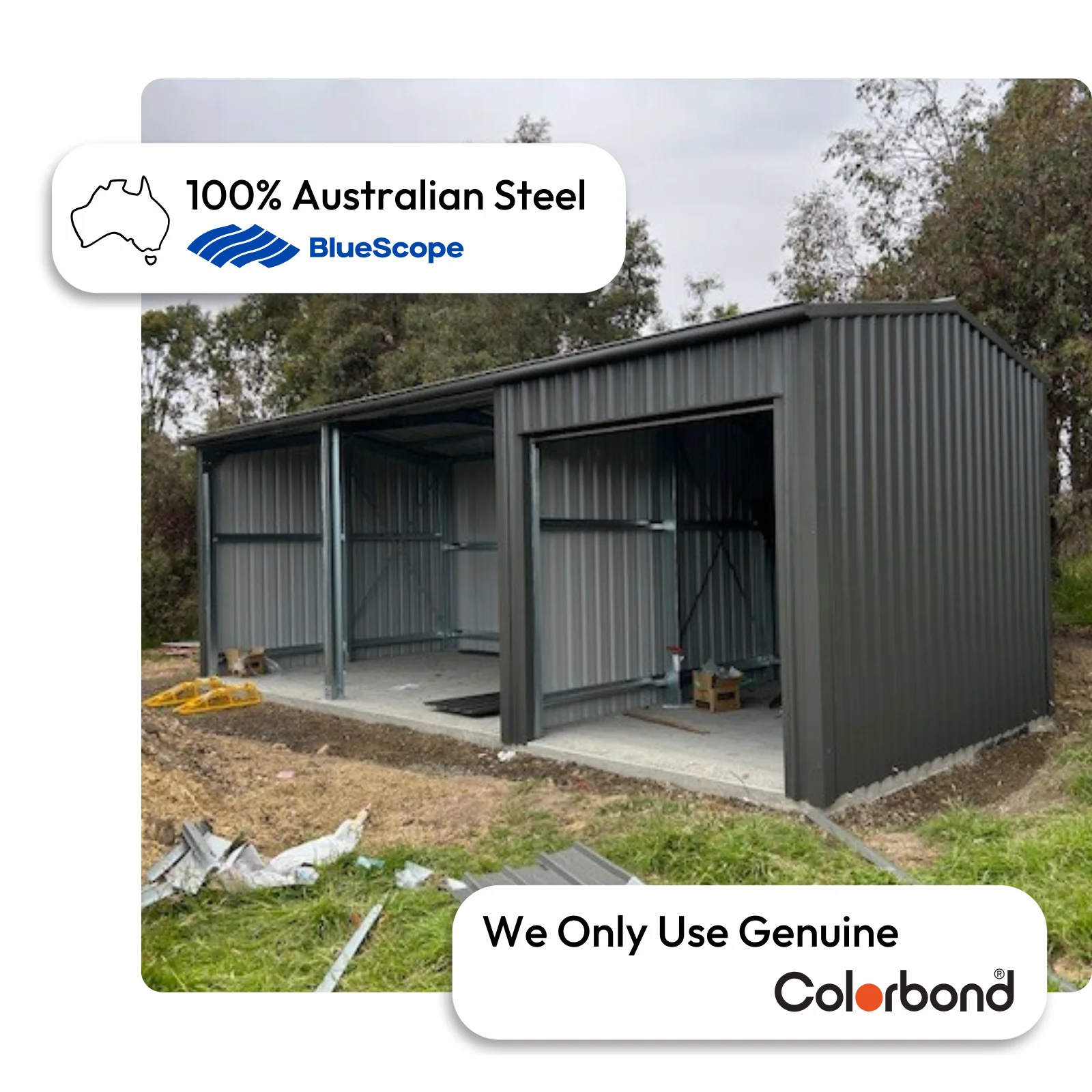 Australian-made 2-bay shed with two roller doors featuring Monument® roof and Monument® walls