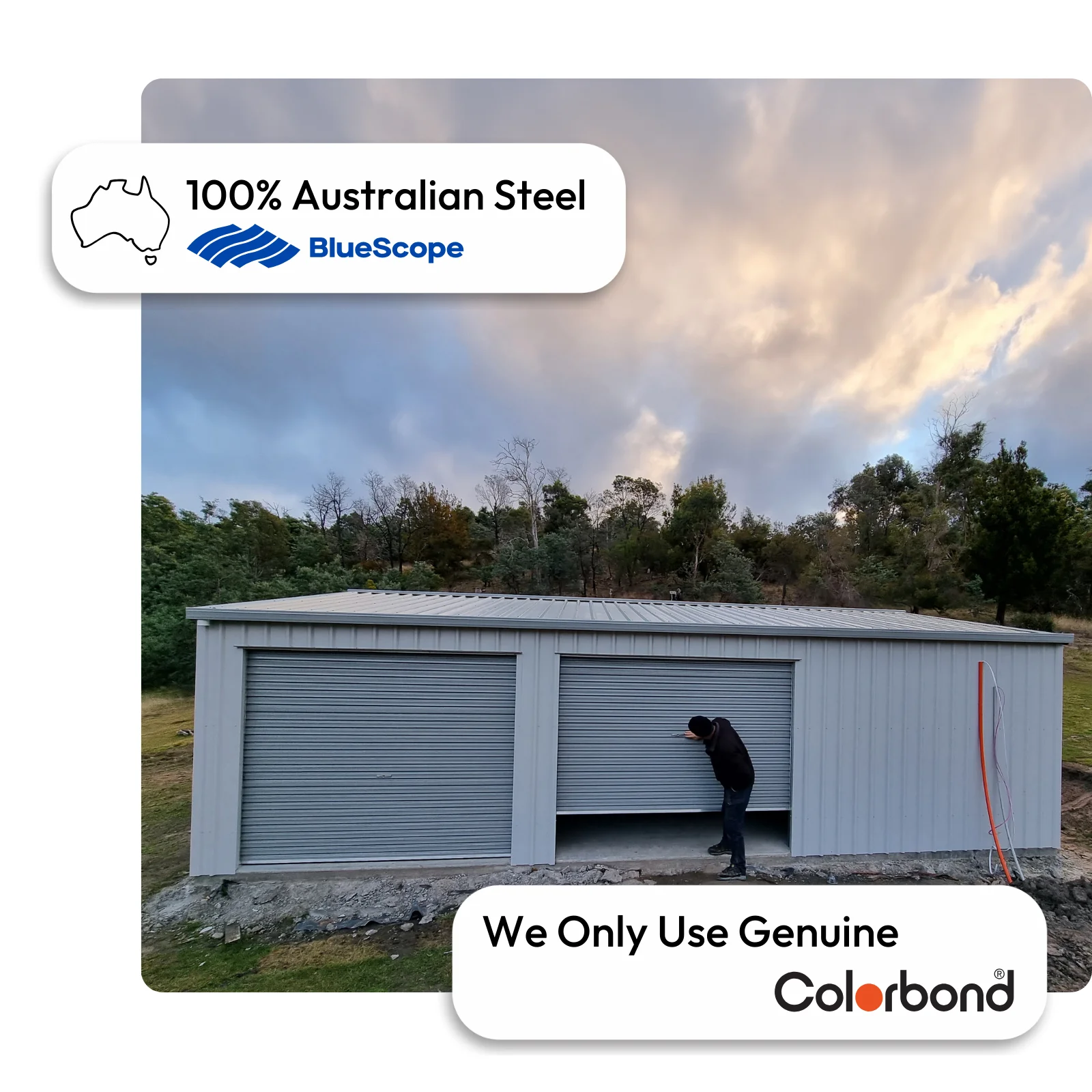 Australian-made 3-bay shed with three roller doors featuring Surfmist® roof and Surfmist® walls