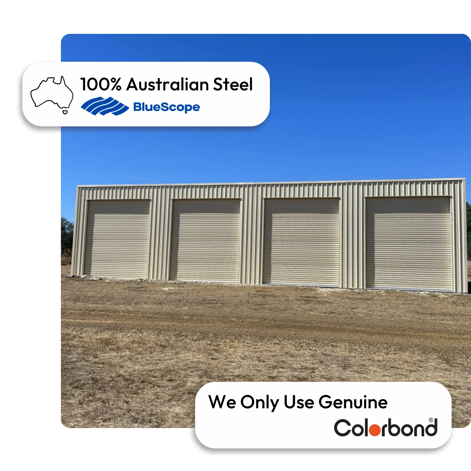 Australian-made 4-bay shed with four roller doors featuring Classic Cream™ roof and Classic Cream™ walls