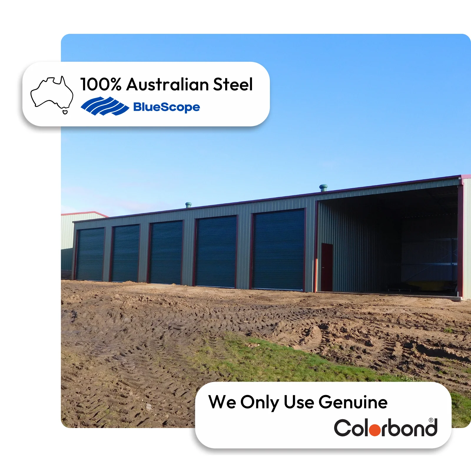 Australian-made 5-bay shed with five roller doors and a gable roof featuring Windspray® walls and Night Sky® roller doors