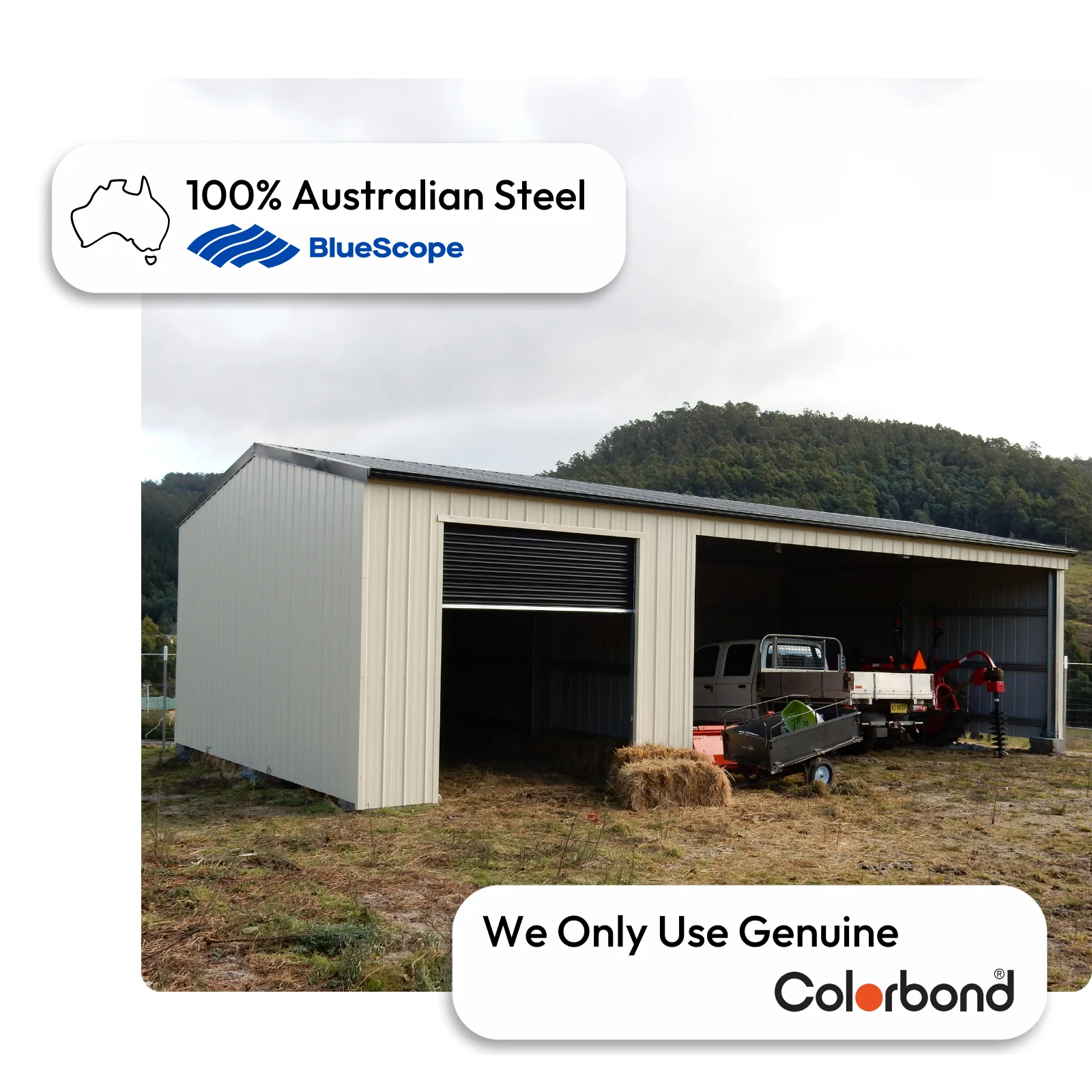 Australian-made 6x12 farm shed with roller door, open bay, and gable roof featuring Paperbark® walls and Woodland Grey® roof