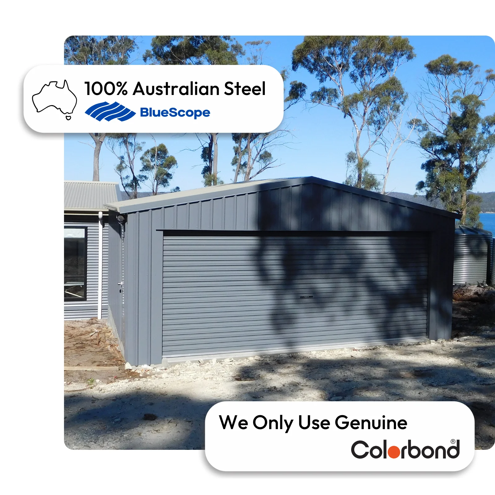 Australian-made 6x6 shed with roller door, personal access door, and gable roof featuring Basalt® walls and roof