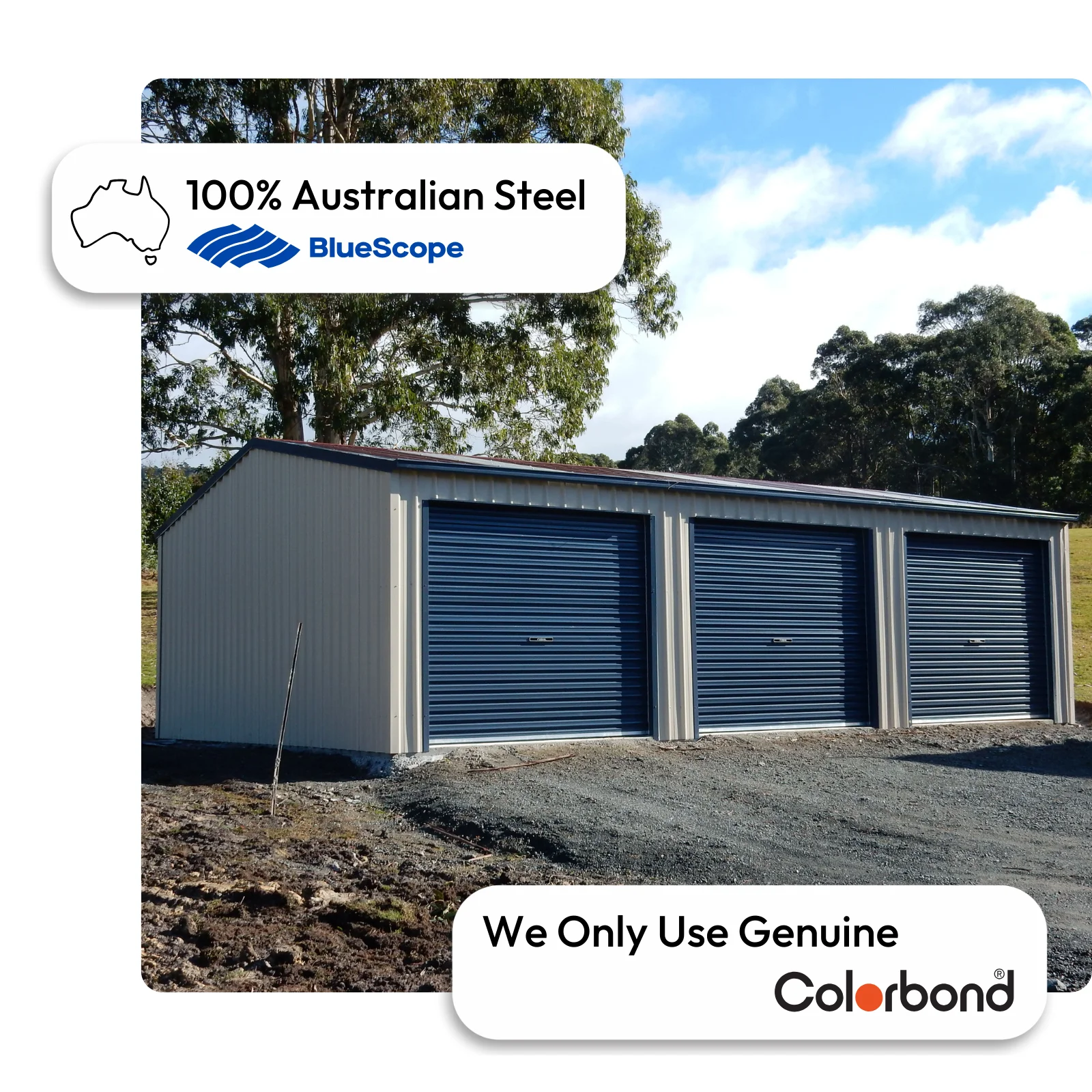 Australian-made 6x9 shed with three roller doors and a gable roof featuring Paperbark® walls and Deep Ocean® roller doors