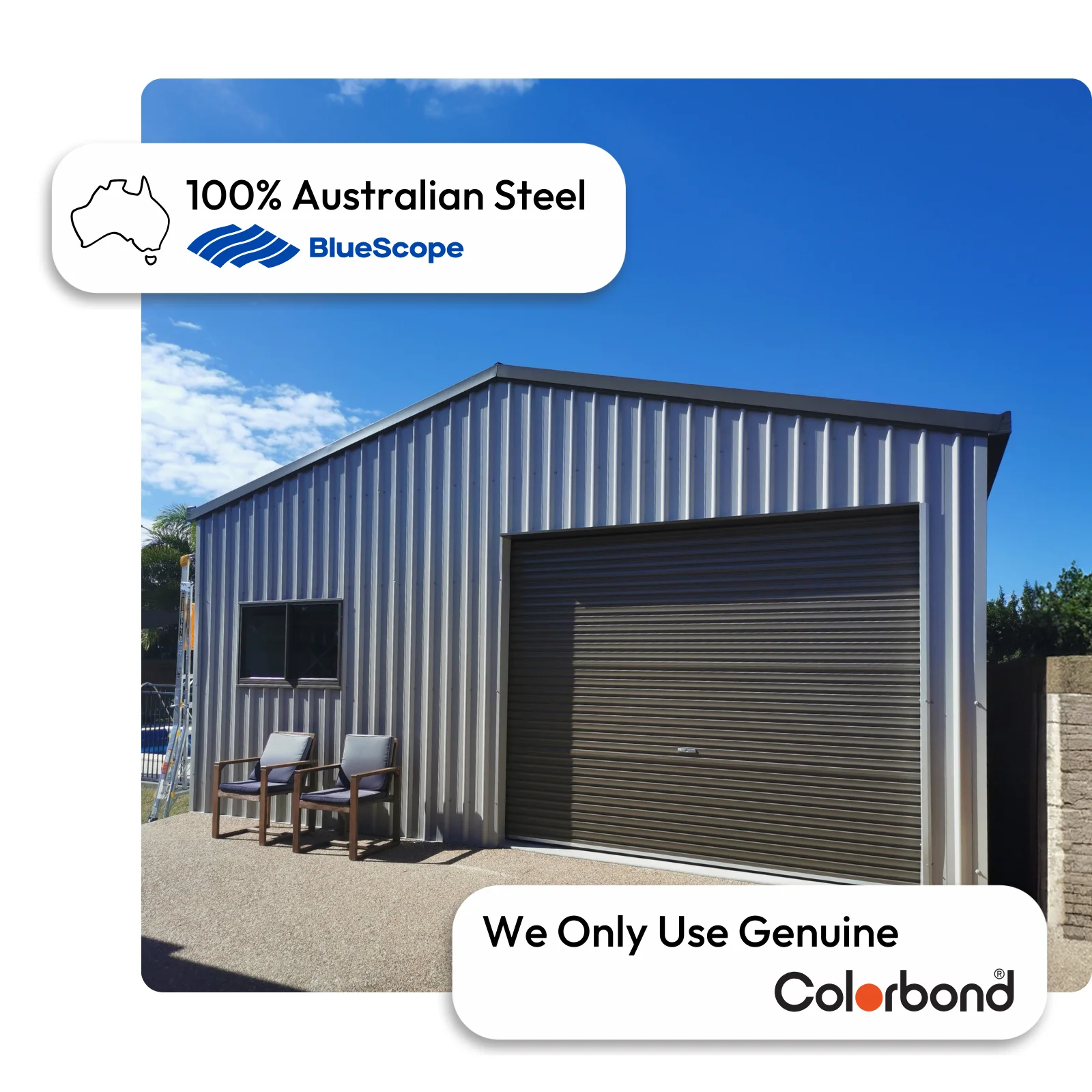 Australian-made 7x7 shed with roller door, window, and gable roof featuring Shale Grey™ walls and Wallaby® roller door