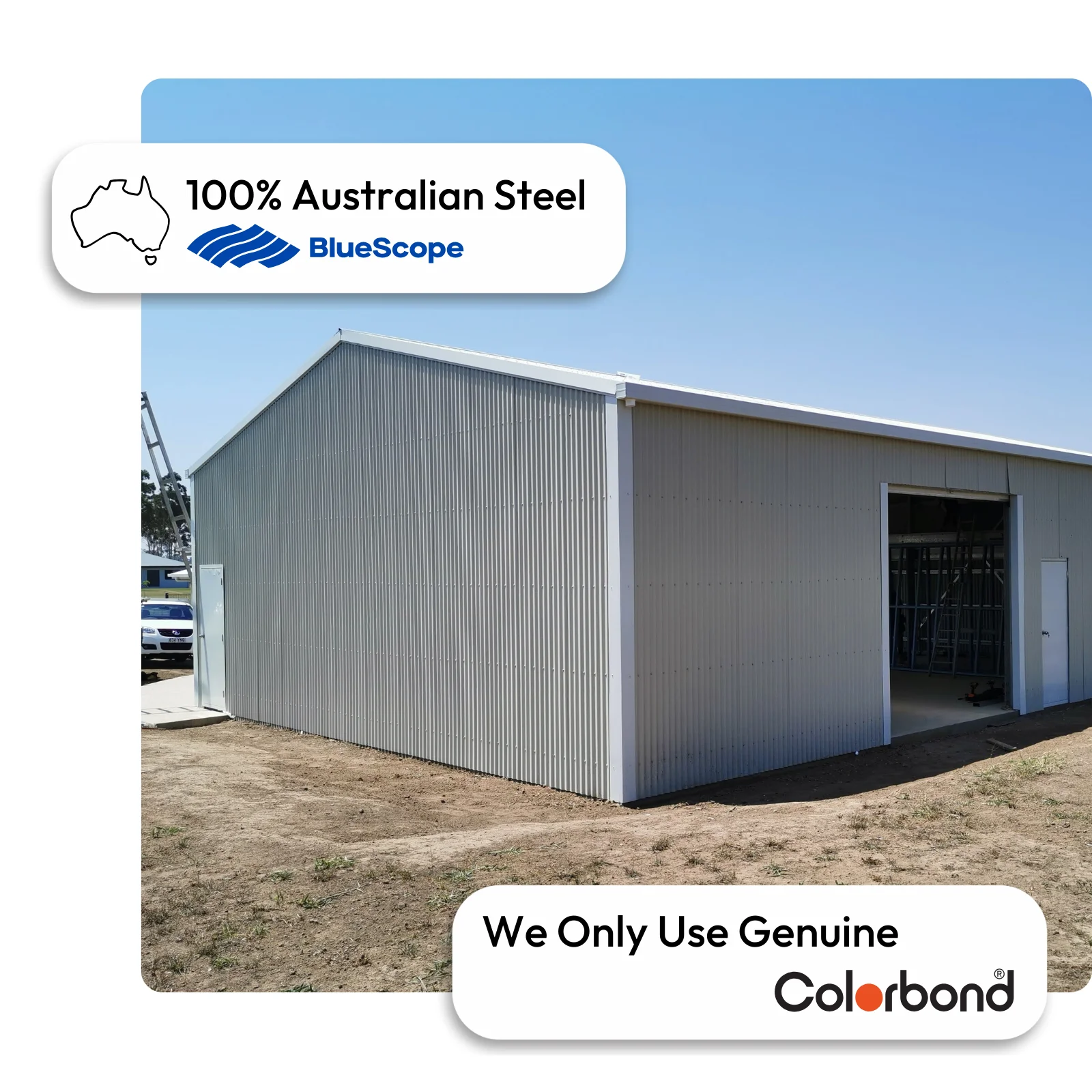 Australian-made 7x9 shed with gable roof and personal door featuring Surfmist® walls and roof