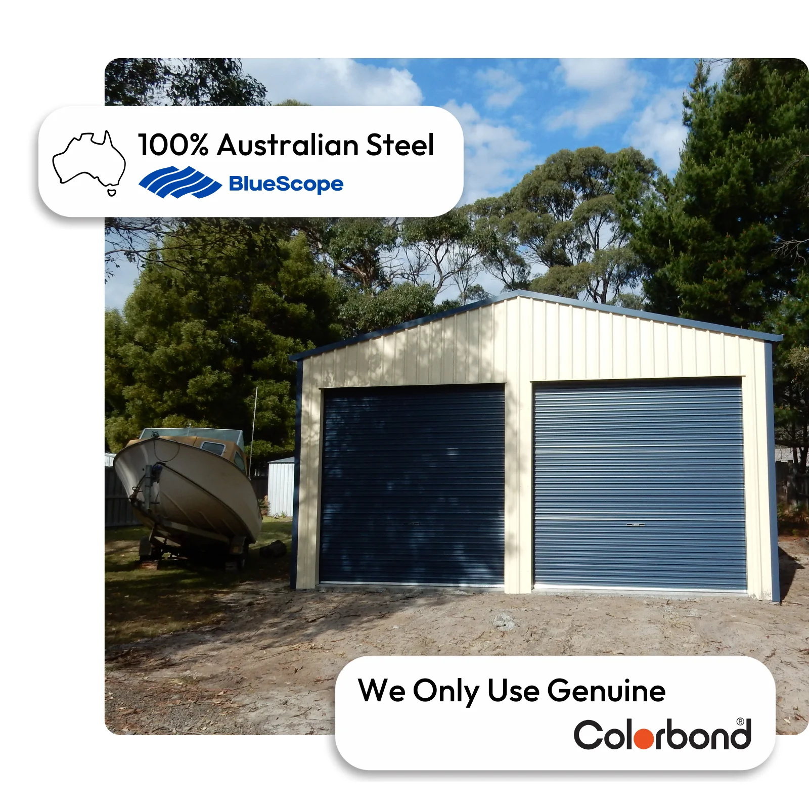 Australian-made 8x10 shed with two roller doors and a gable roof featuring Classic Cream™ walls and Deep Ocean® roller doors