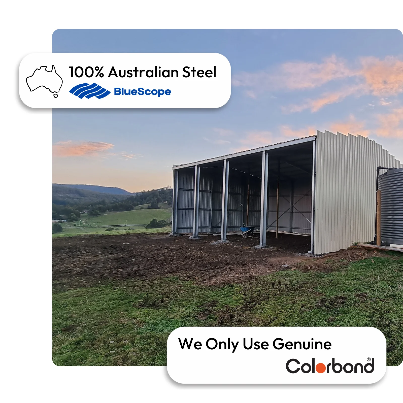 Australian-made 8x12 farm shed with open bays and gable roof featuring Classic Cream™ walls and Shale Grey™ roof