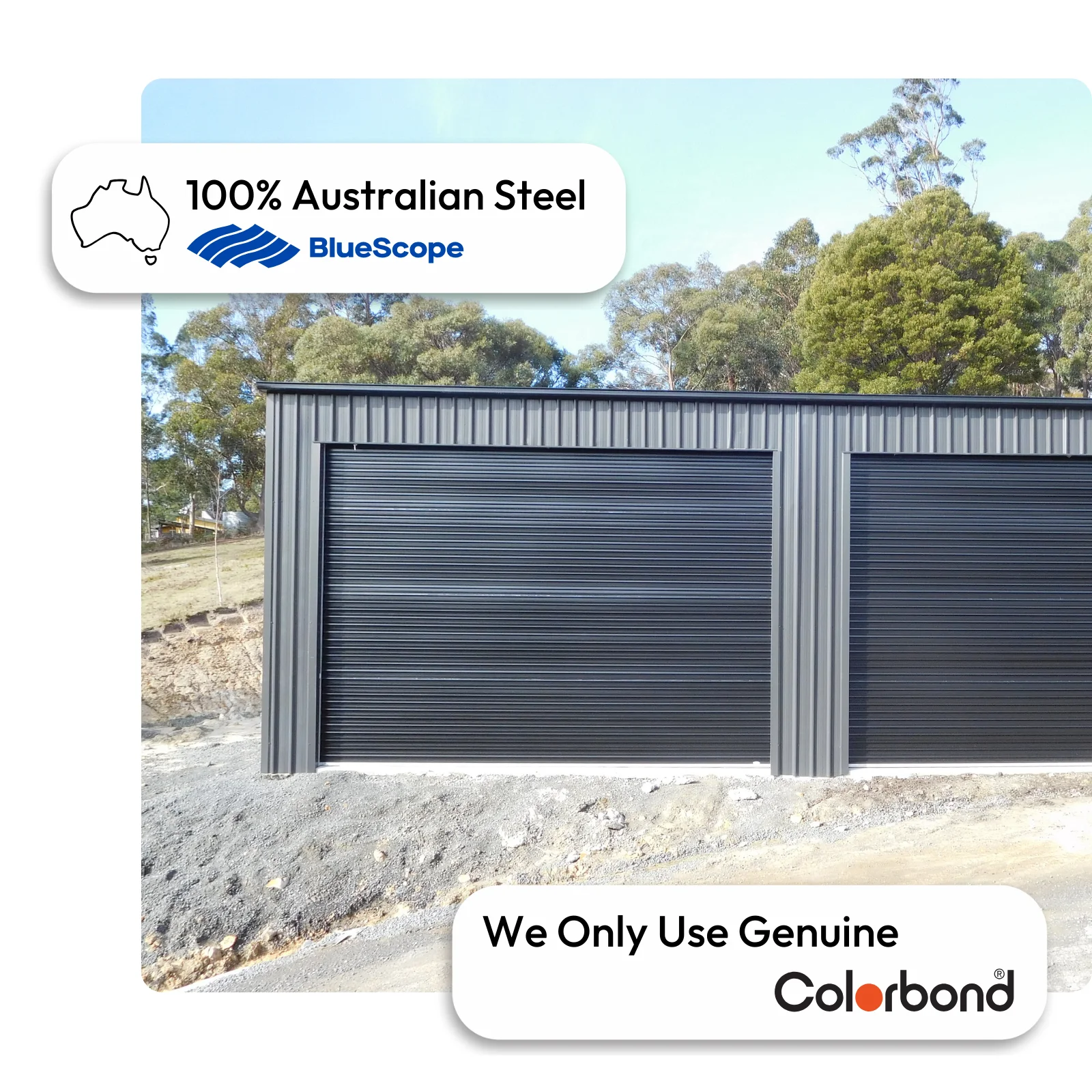 Australian-made 8x8 shed with two roller doors and a gable roof featuring Monument® walls and Night Sky® roller doors