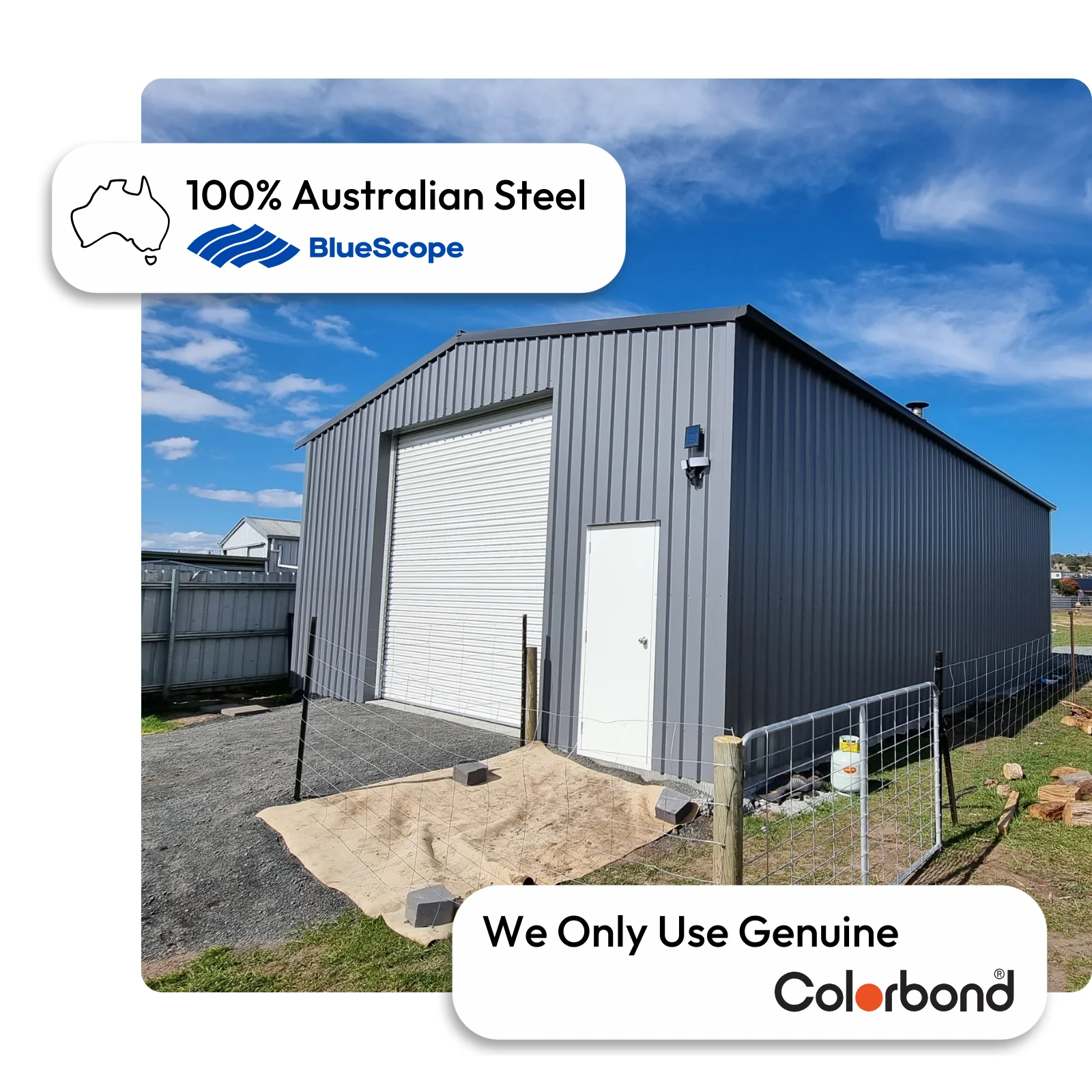 Australian-made 9x12 shed with roller door, personal access door, and gable roof featuring Basalt® walls and Surfmist® roller door