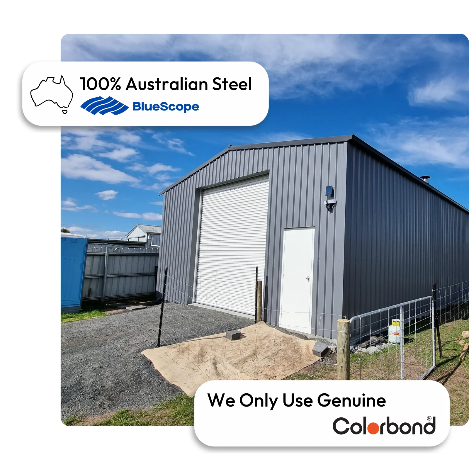 Australian-made 9x9 shed with gable roof, roller door, and personal door featuring Shale Grey™ walls and Surfmist® roof