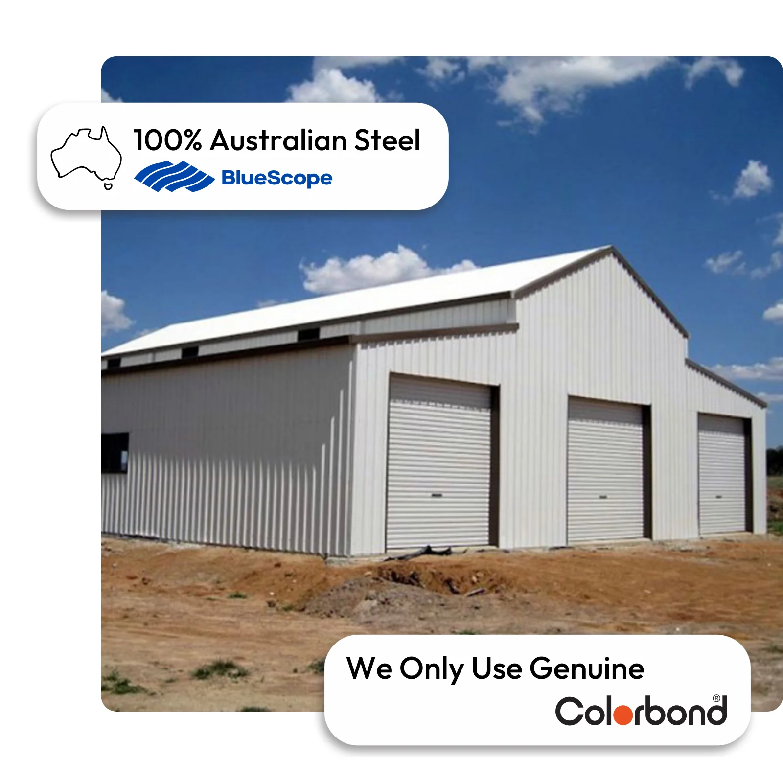 Australian-made American barn with three roller doors, a gable roof, and a personal access door featuring Dover White™ roof and Surfmist® walls