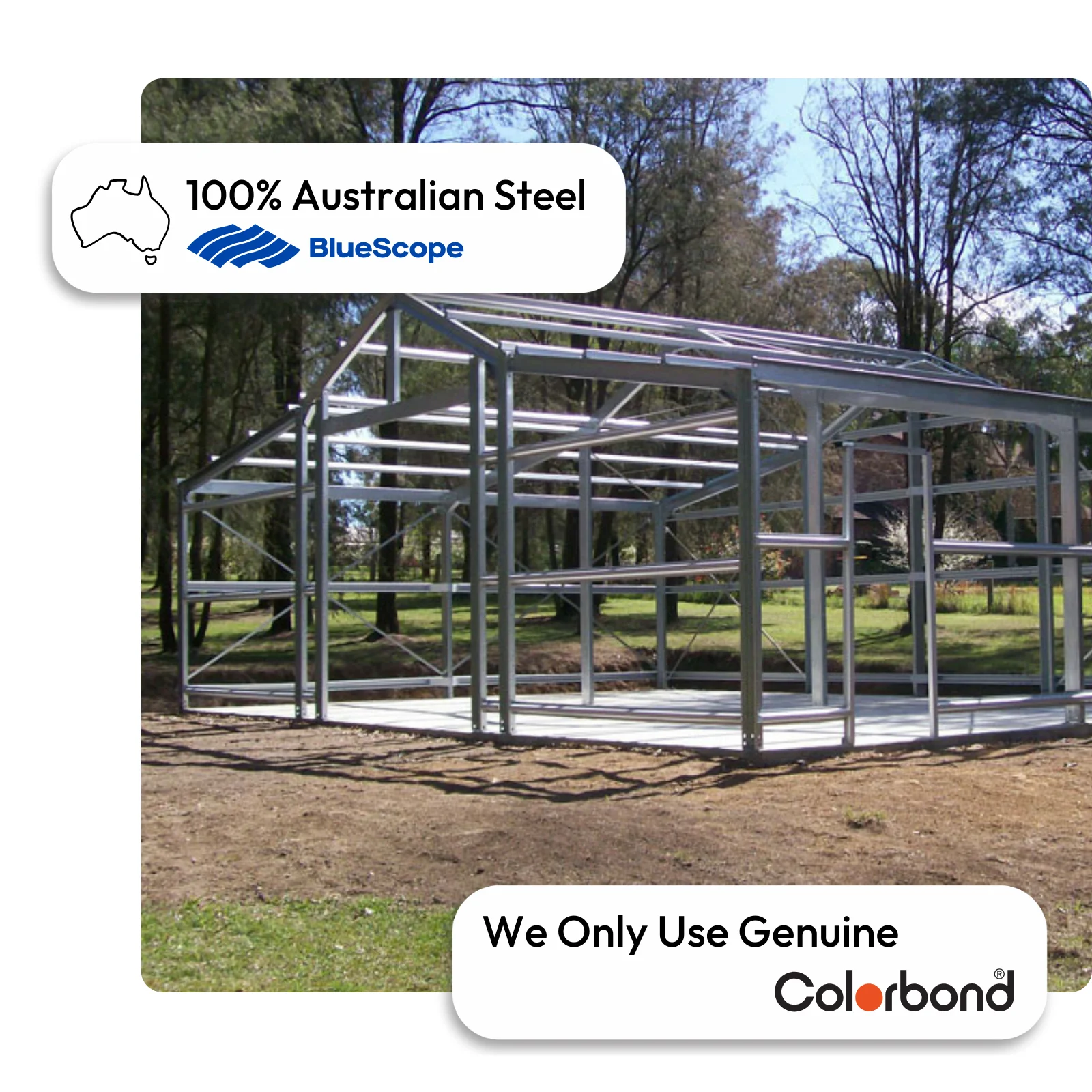Australian-made barn kit with a steel frame and gable roof featuring ZINCALUME® construction