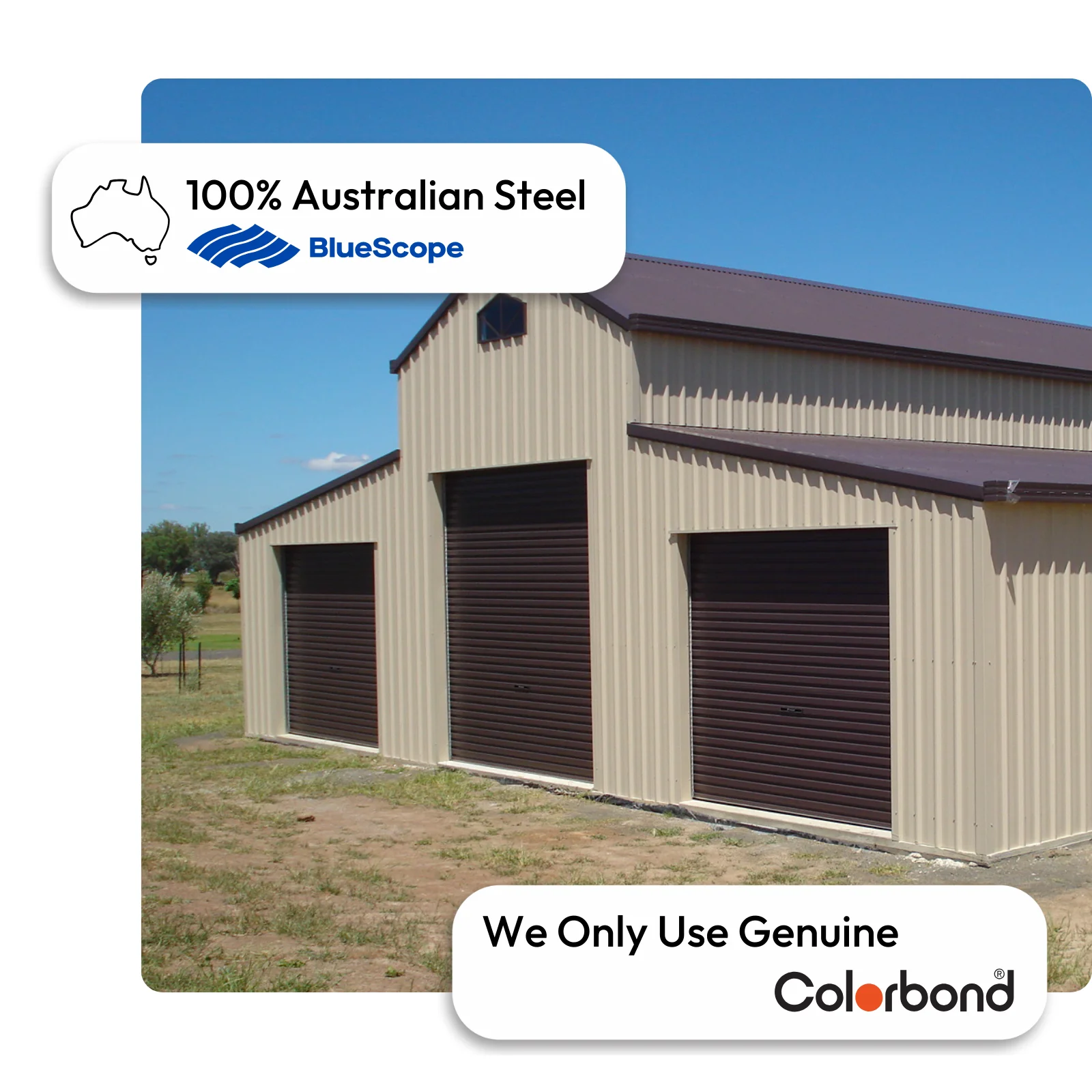 Australian-made barn with three roller doors and a gable roof featuring Jasper® roof and Classic Cream™ walls