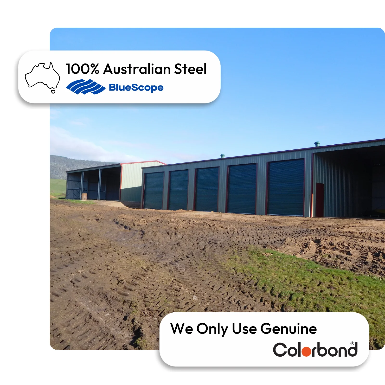 Australian-made big shed with multiple roller doors featuring a Deep Ocean® roof and Manor Red® walls