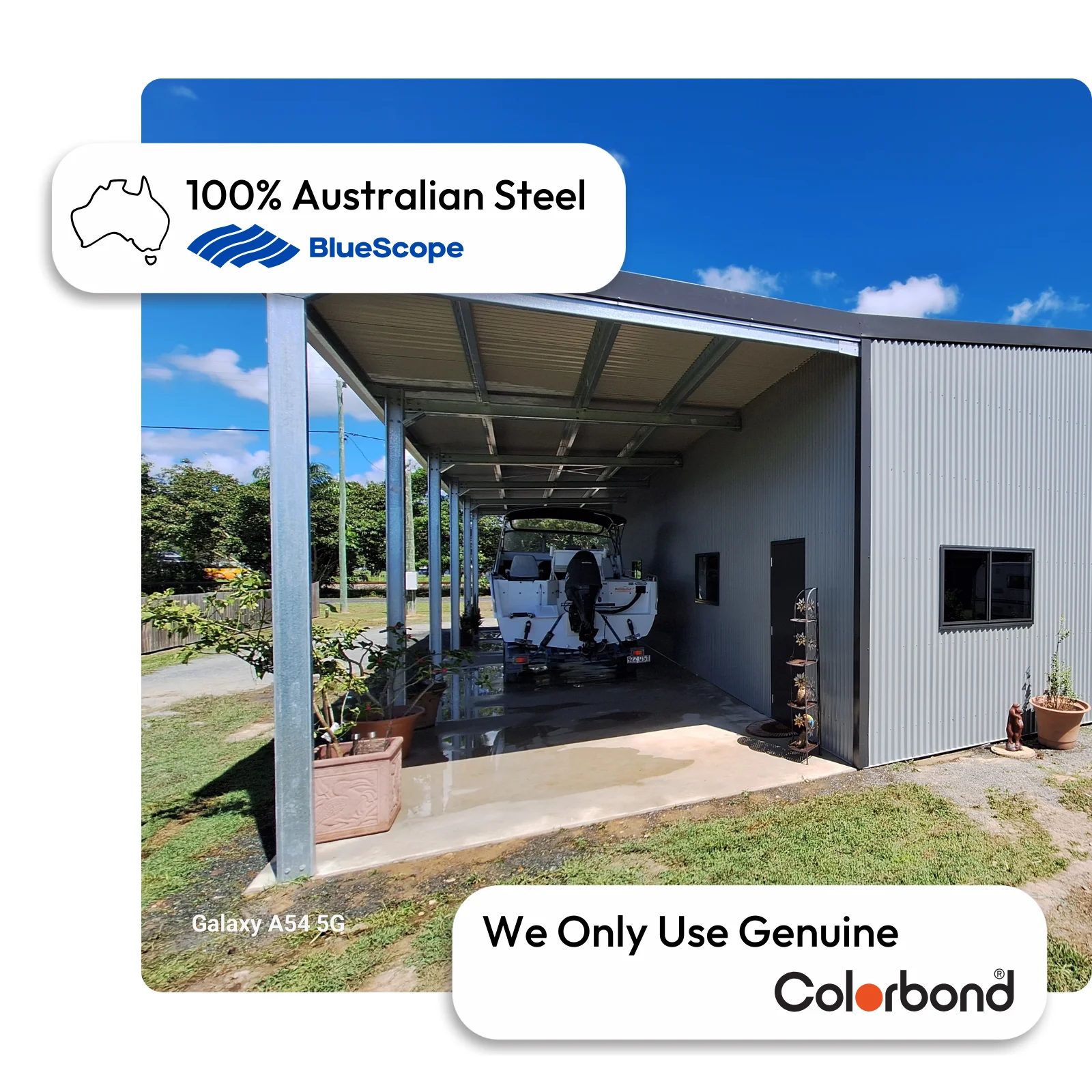 Australian-made boat shed with skillion roof and personal door featuring Shale Grey™ walls.