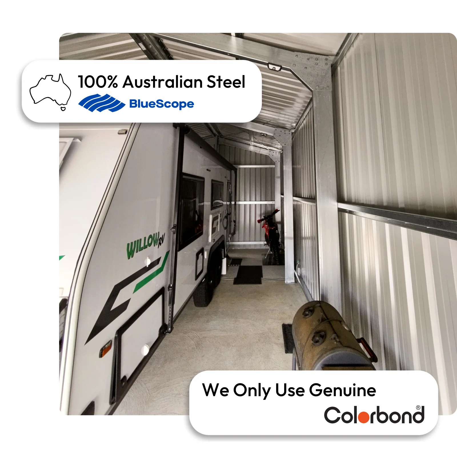 Australian-made caravan garage with enclosed storage and gable roof featuring Surfmist® walls and roof