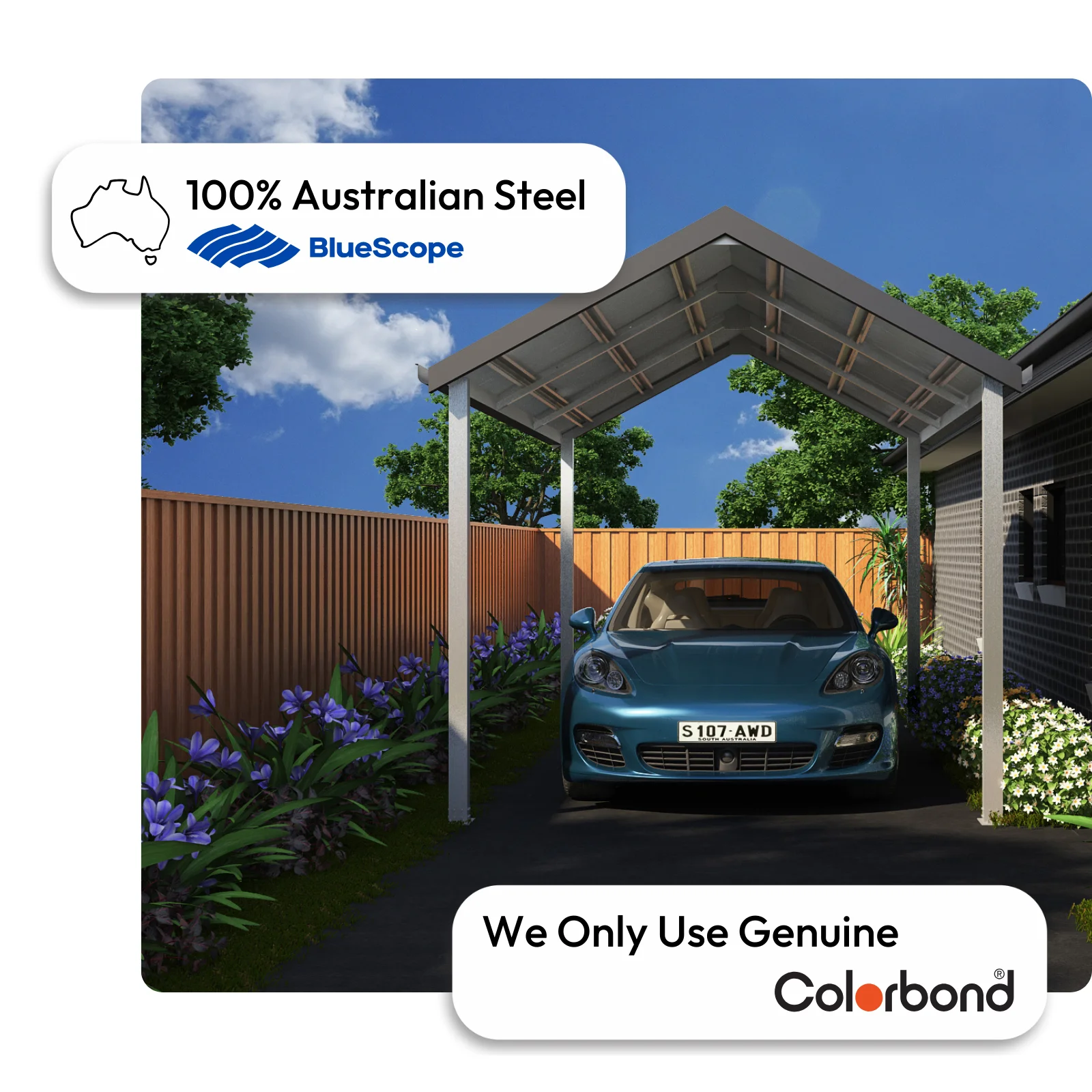 Australian-made carport with a gable roof and steel posts featuring Monument® roof and Surfmist® posts