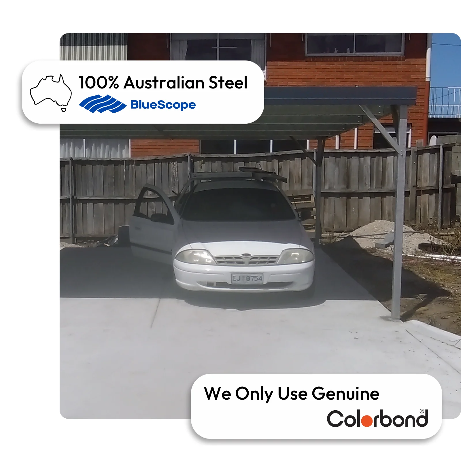 Australian-made carport kit with steel posts featuring Woodland Grey® roof and ZINCALUME® posts
