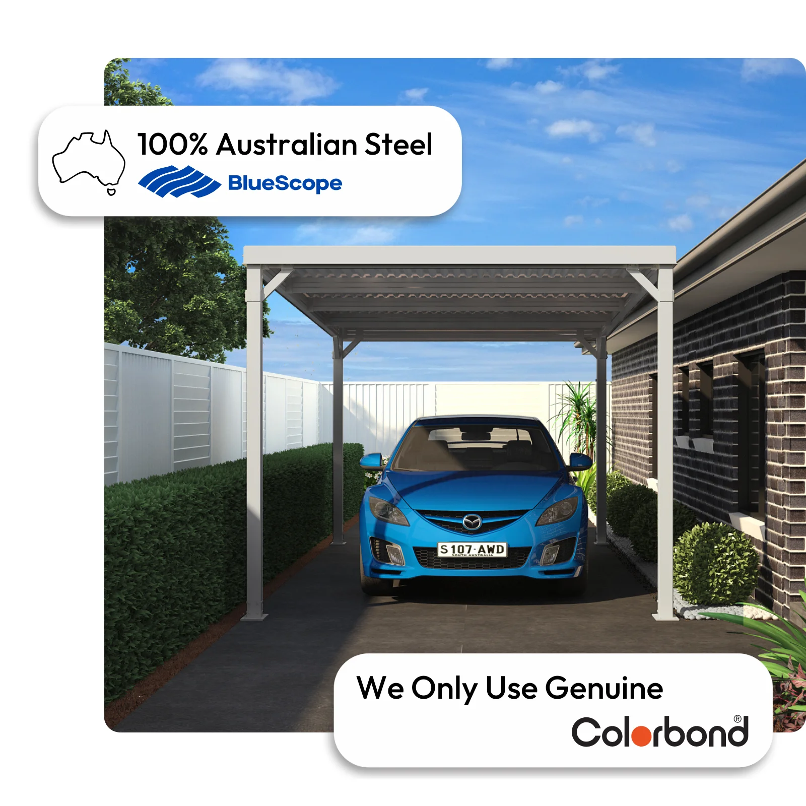 Australian-made carport with steel posts featuring Shale Grey™ roof and Surfmist® posts