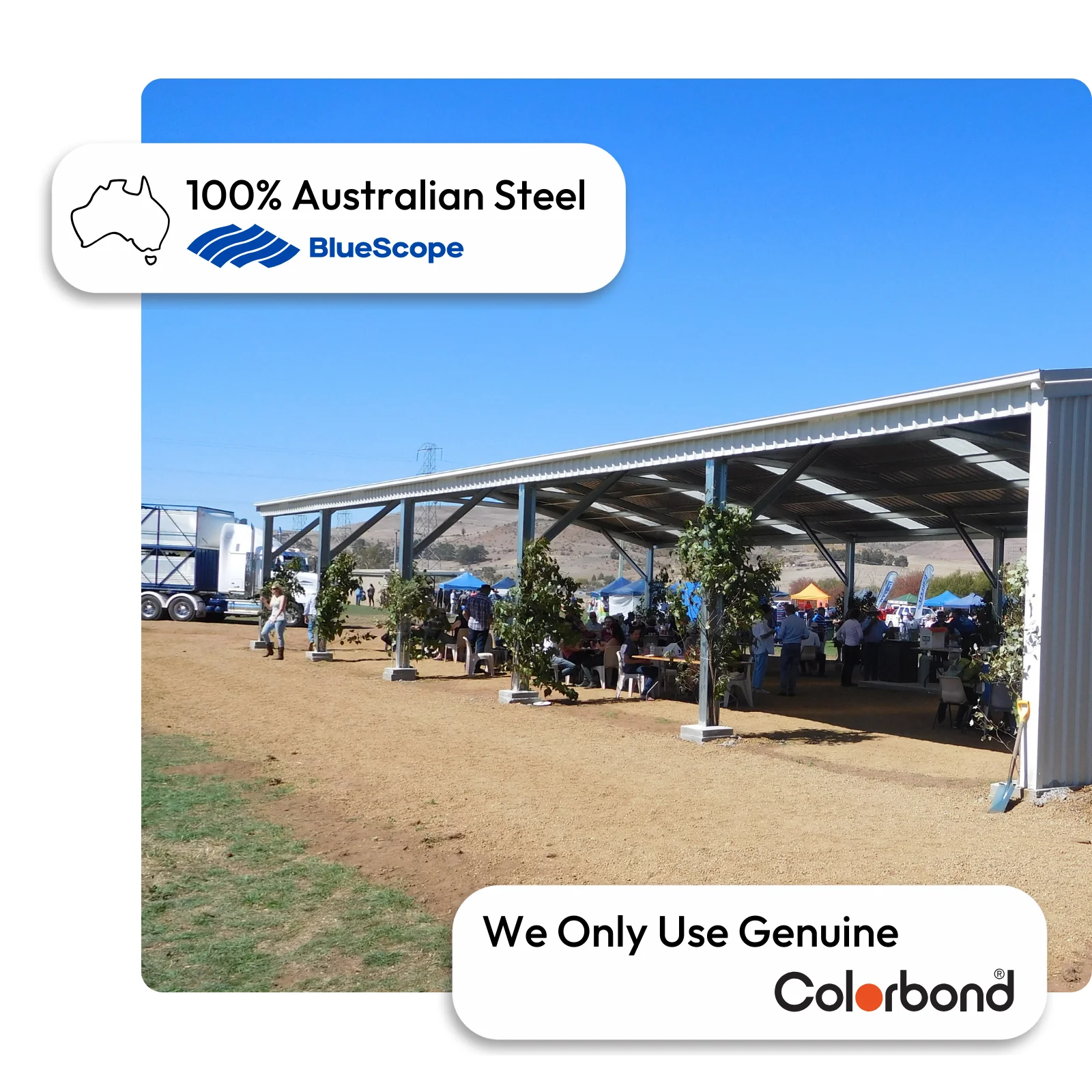 Australian-made cattle yard cover with large open space featuring a Surfmist® roof and walls