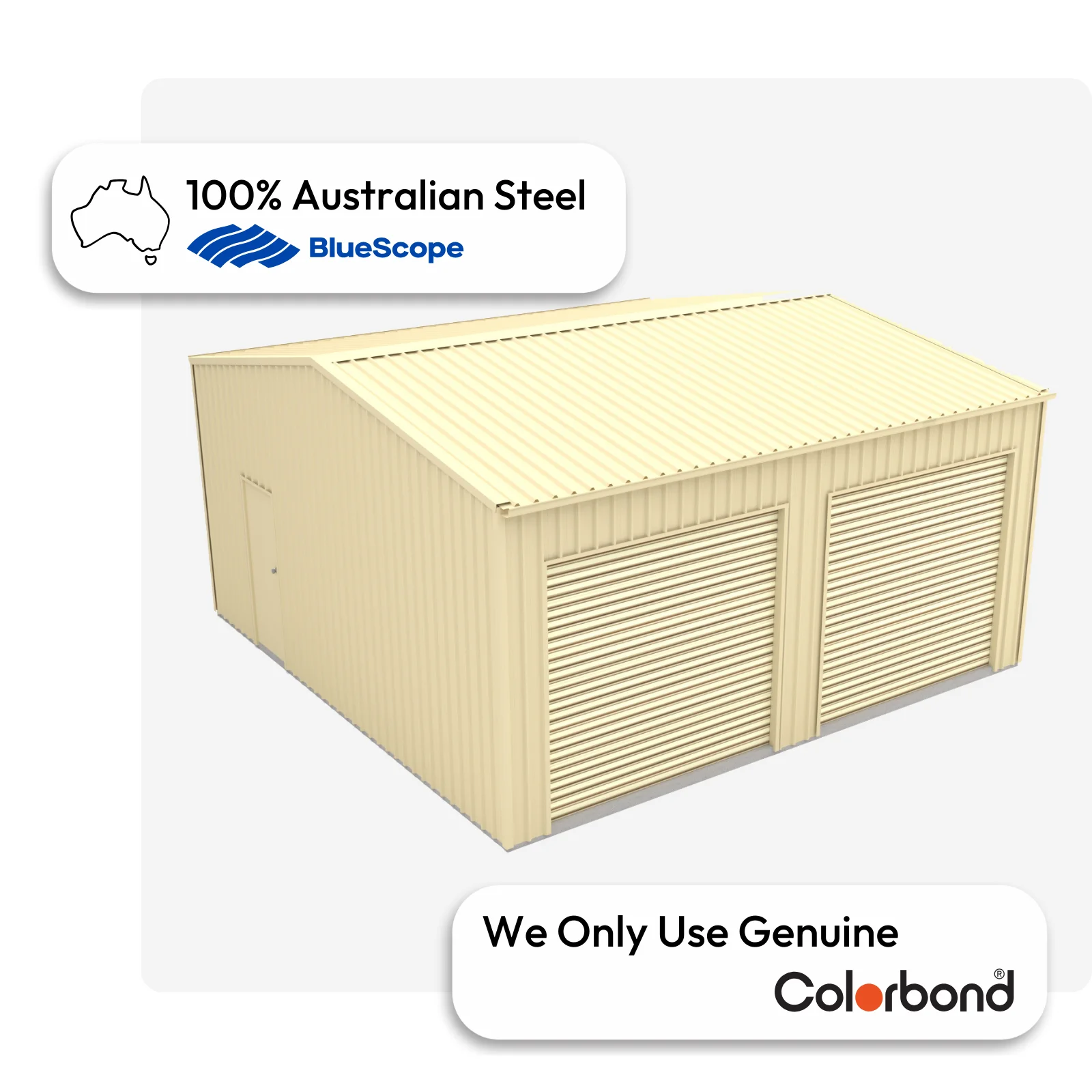 Australian-made garage with dual roller doors and a personal access door, featuring a Classic Cream™ roof and Classic Cream™ walls.