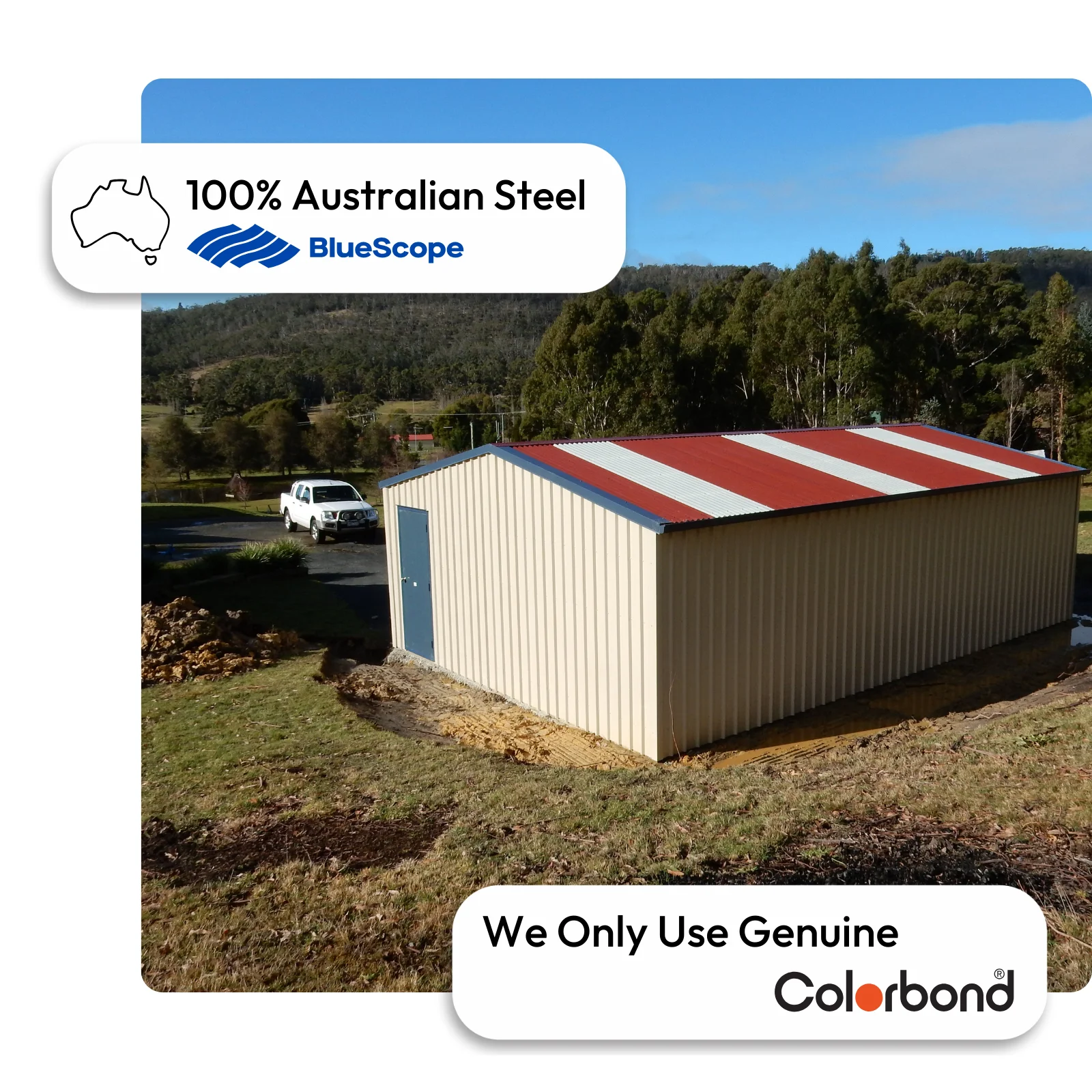 Australian-made COLORBOND® garage with a personal access door featuring Classic Cream™ walls, Manor Red® and Surfmist® roof, and Deep Ocean® trim