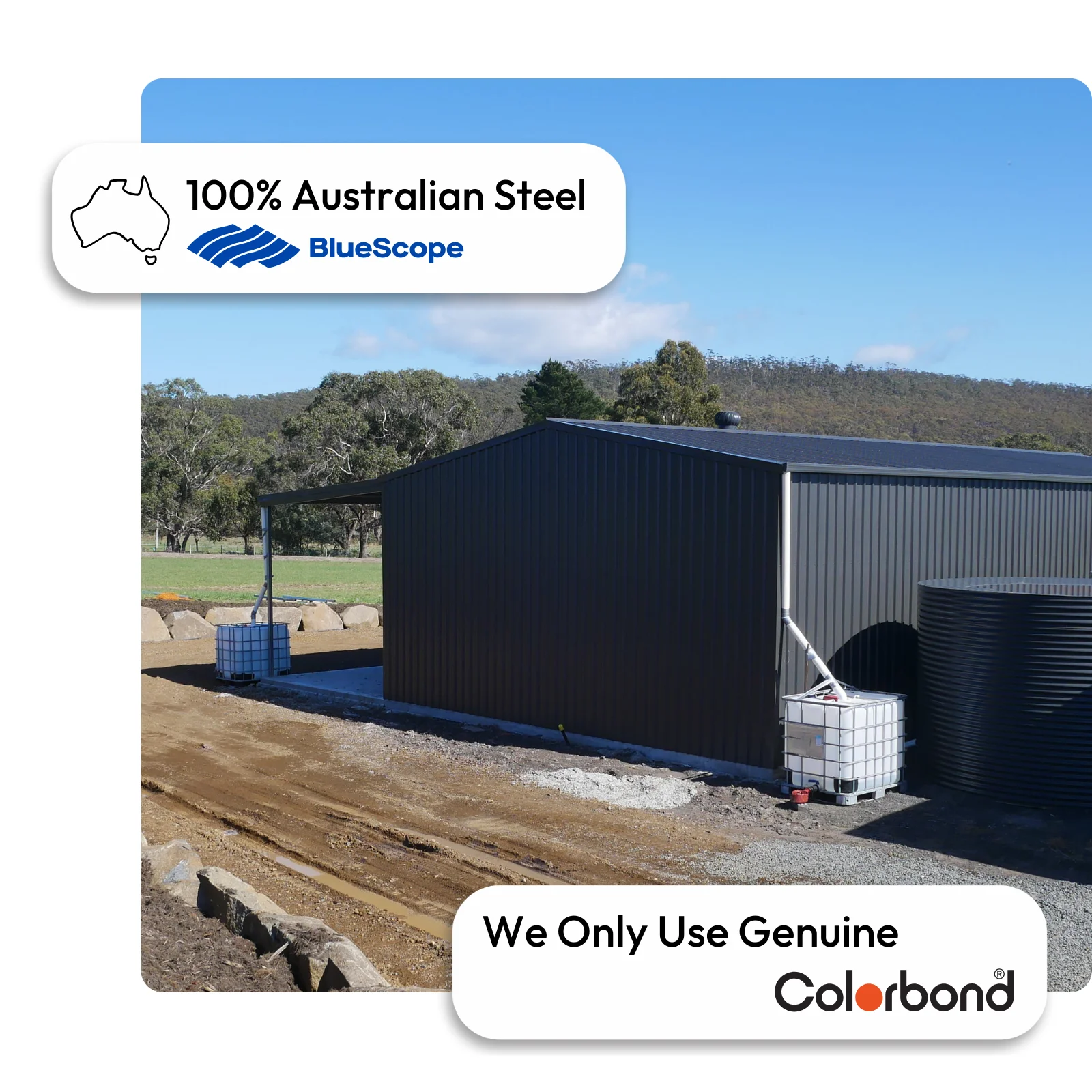 Australian-made Colorbond® shed with gable roof and personal door featuring Monument® walls and roof