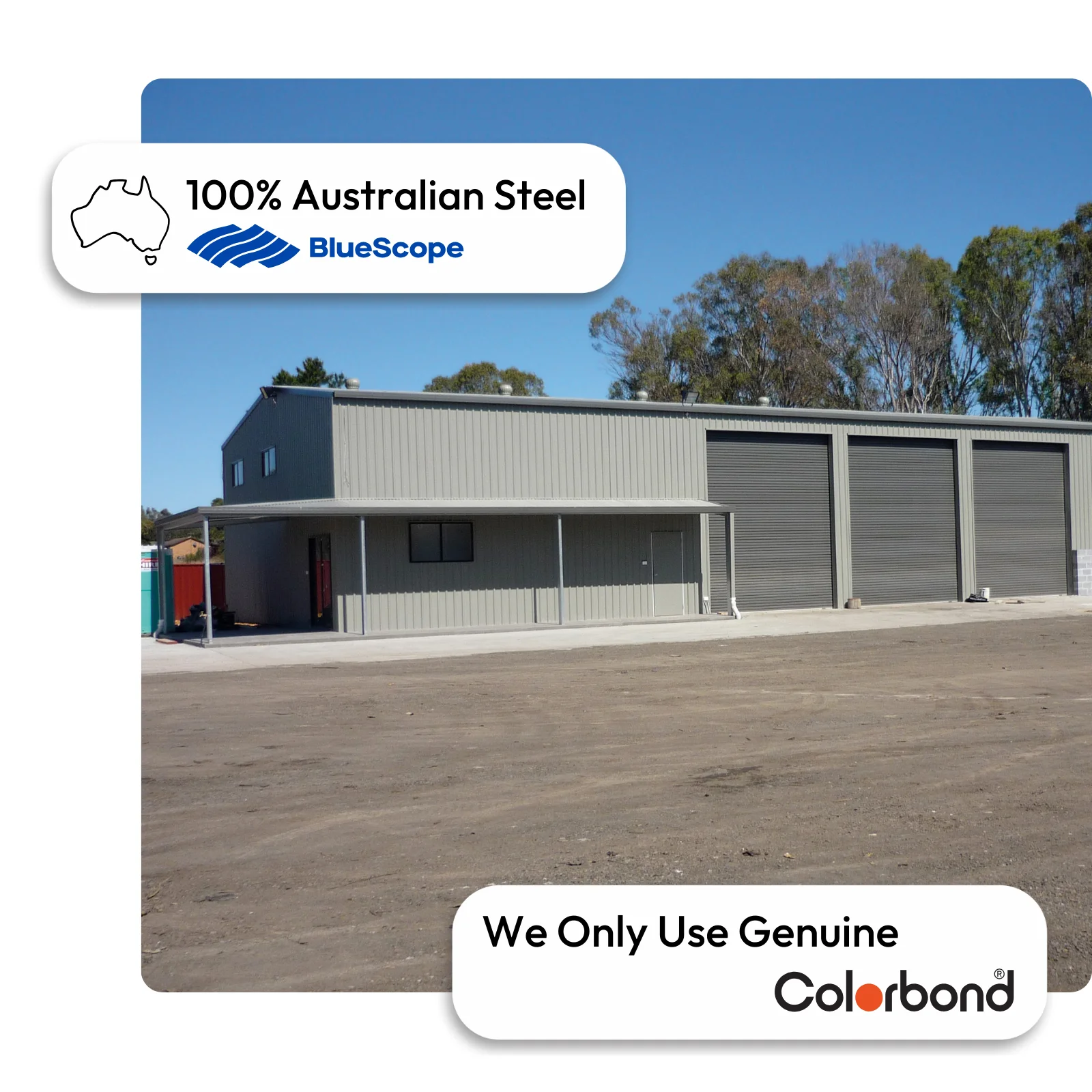Australian-made commercial shed with large roller doors and an attached office featuring a Gully® roof and Gully® walls
