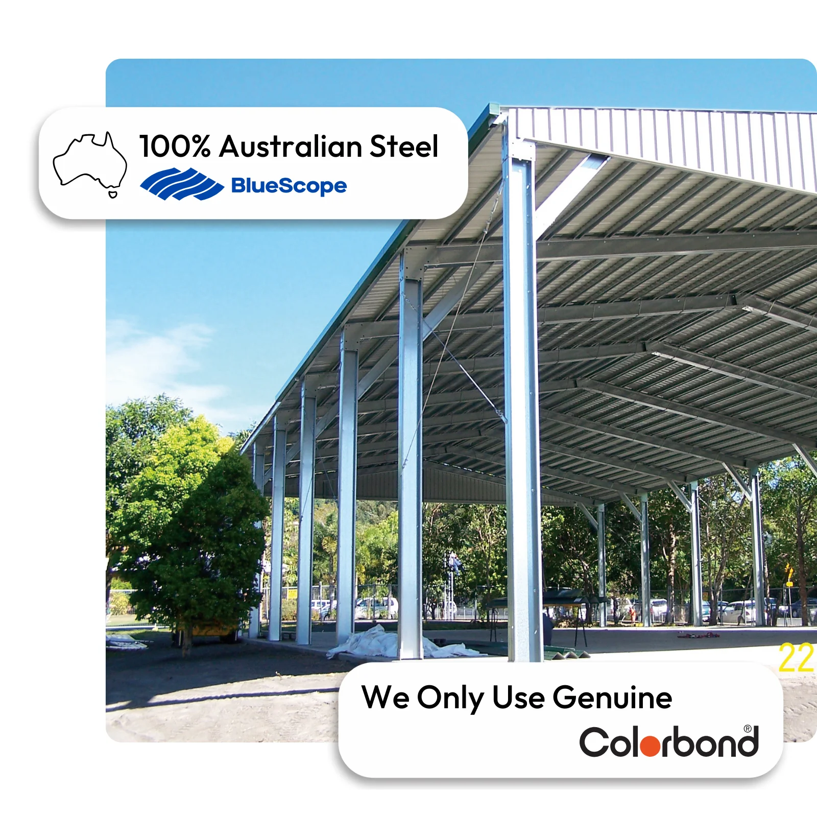 Australian-made cover and shelter with a large open design featuring a ZINCALUME® roof and ZINCALUME® framework