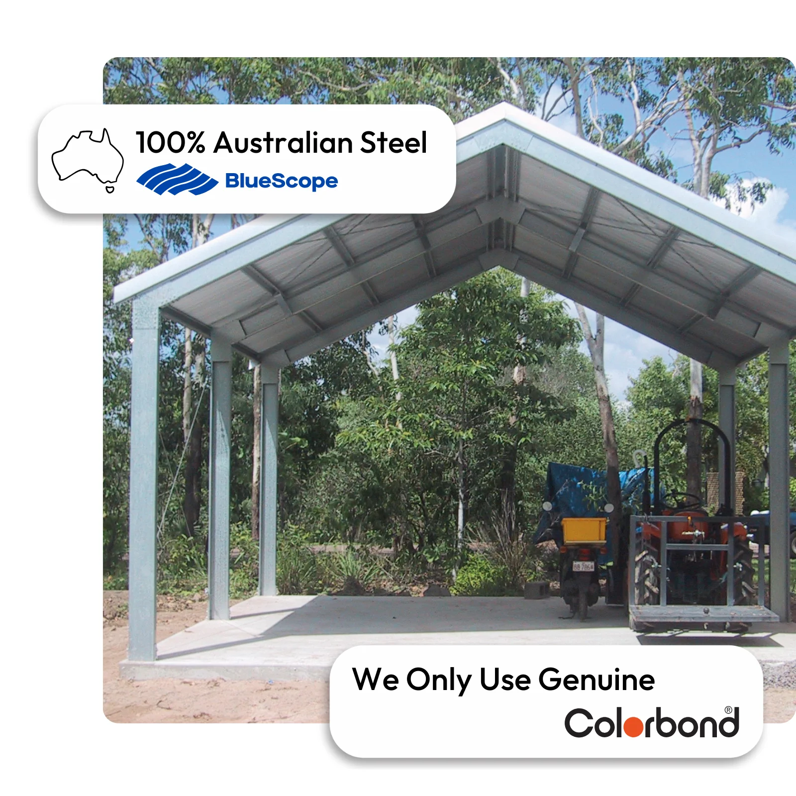 Australian-made custom carport with steel posts featuring ZINCALUME® roof and ZINCALUME® posts