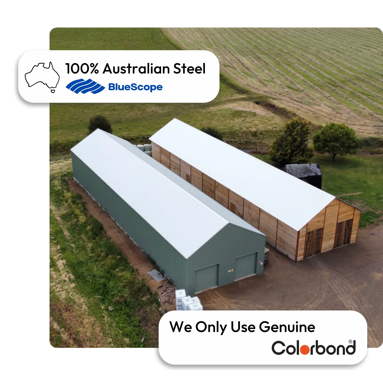 Australian-made custom sheds with gable roofs featuring Surfmist® roof and Pale Eucalypt® walls.