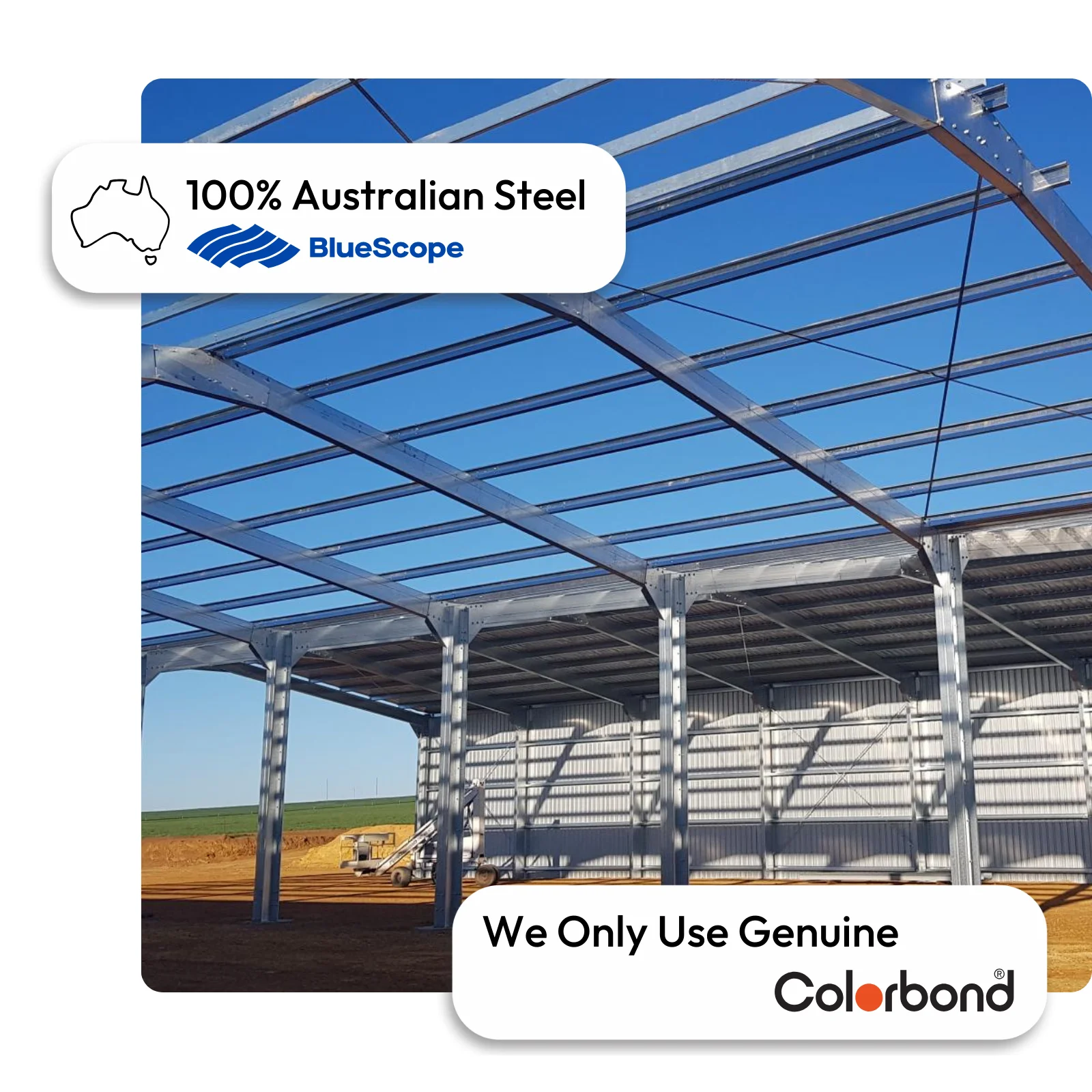 Australian-made dairy shed with large open structure featuring a ZINCALUME® roof and walls