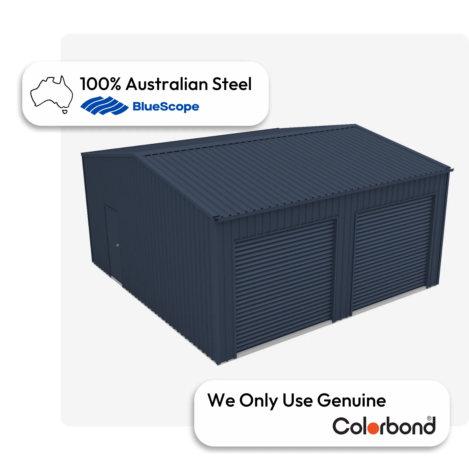 Australian-made garage with dual roller doors and a personal access door, featuring a Deep Ocean® roof and Deep Ocean® walls.