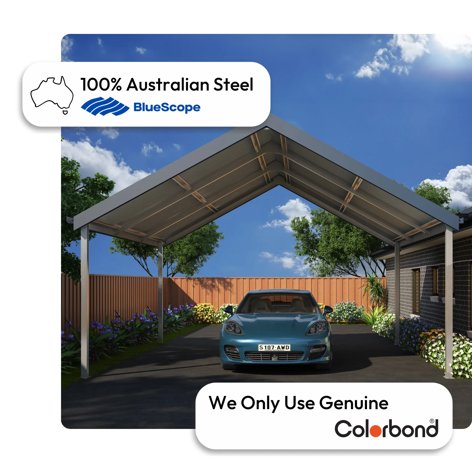Australian-made double carport with steel posts featuring Monument® roof and Surfmist® posts