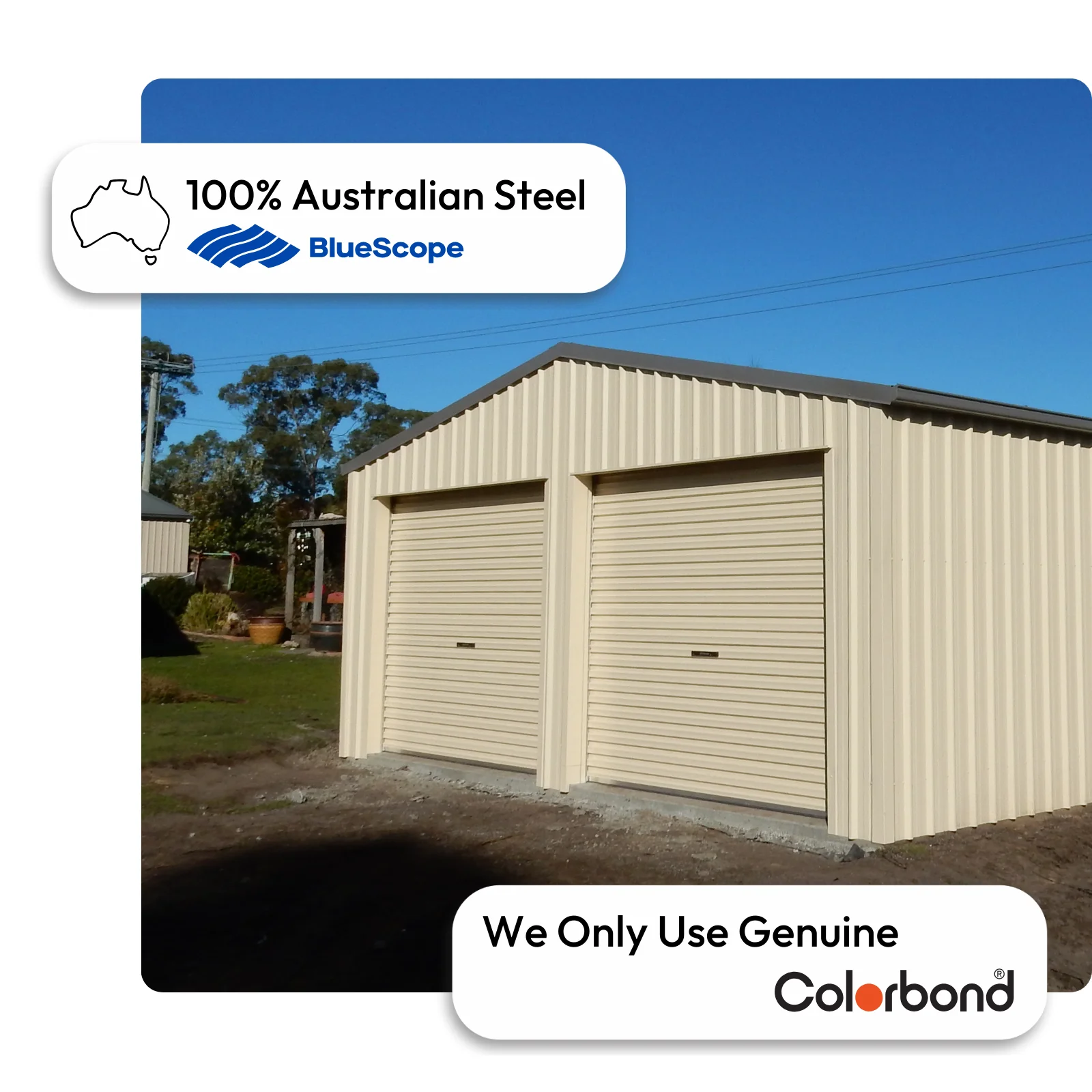 Australian-made double garage with two roller doors and a gable roof featuring Classic Cream™ walls and Wallaby® roof