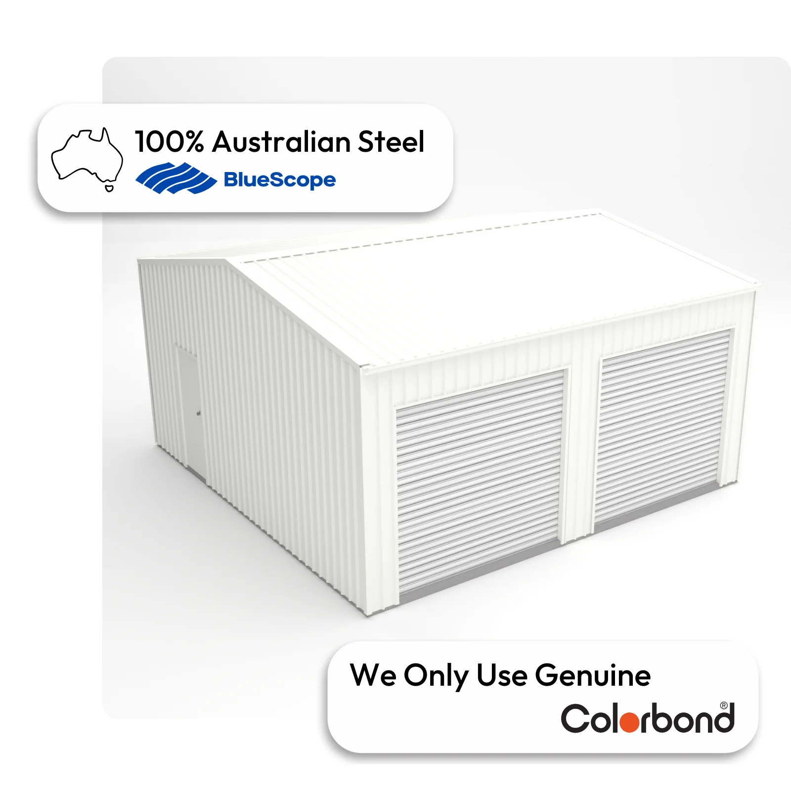 Australian-made garage with dual roller doors and a personal access door, featuring a Dover White™ roof and Dover White™ walls.