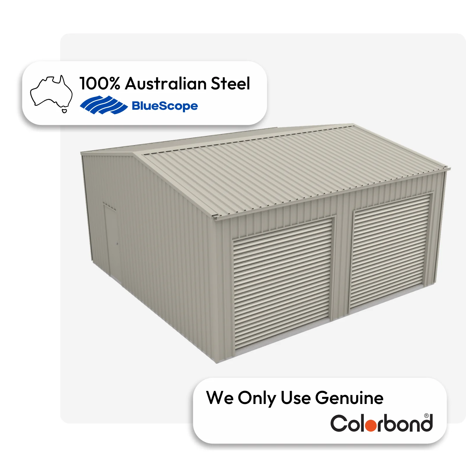 Australian-made garage with gable roof and roller doors featuring Dune® walls and roof