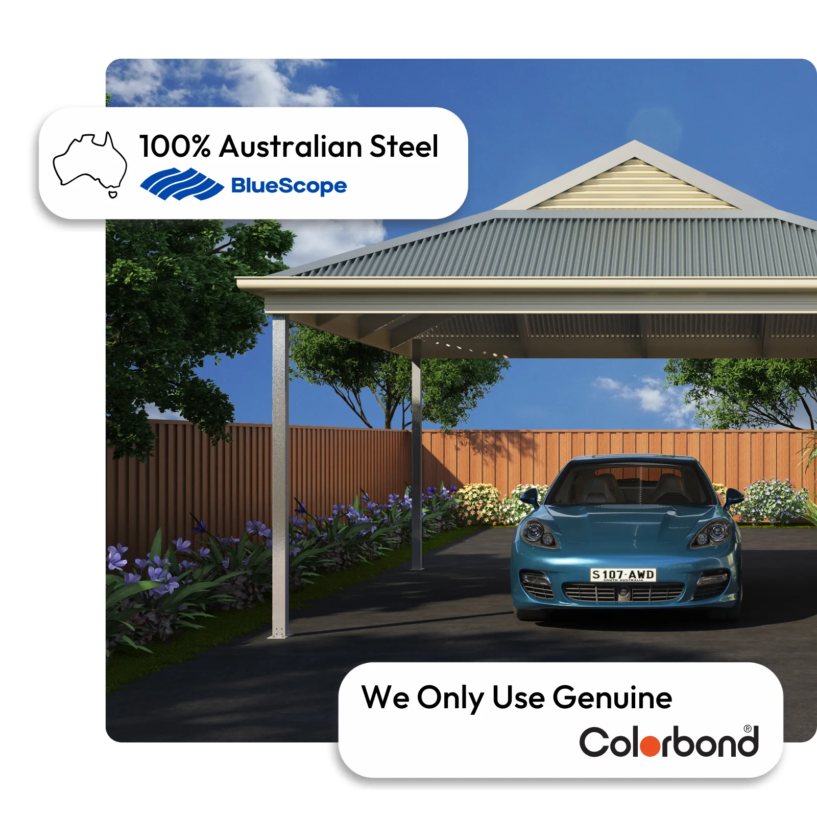 Australian-made Dutch gable carport with steel posts featuring Woodland Grey® roof, Classic Cream™ gable infills, and Surfmist® posts