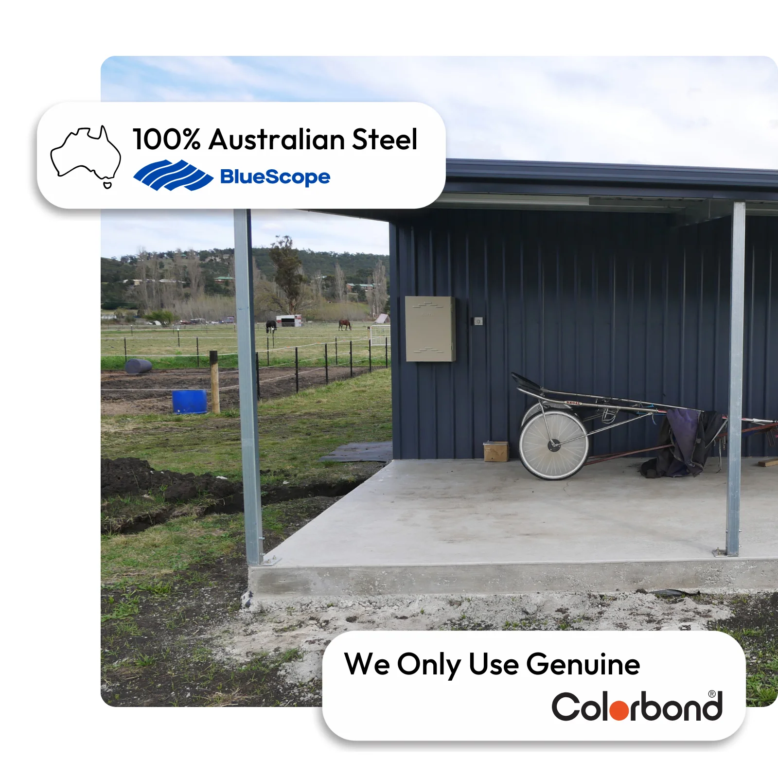 Australian-made equine shed with a skillion roof and open front featuring Deep Ocean® walls and Deep Ocean® roof.