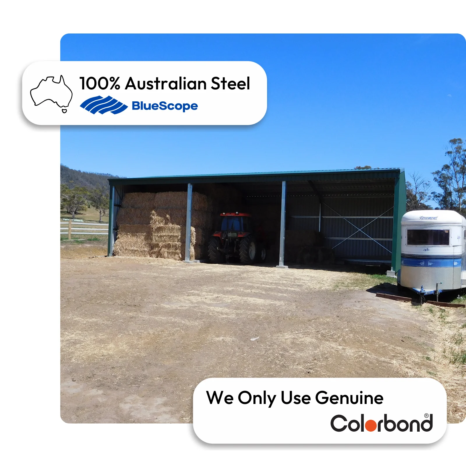 Australian-made farm shed with open front storage featuring a Cottage Green® roof and walls